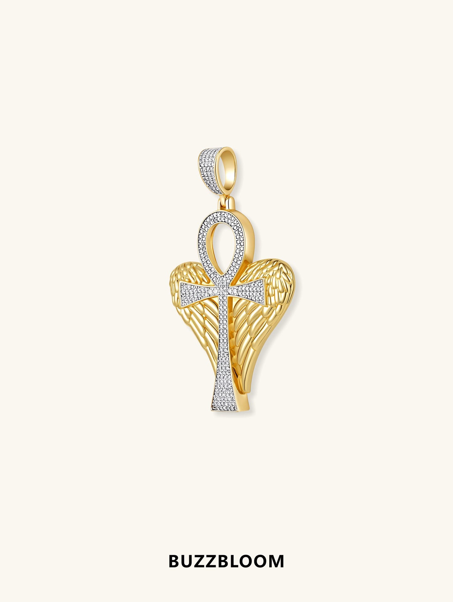 Angled view of 14K Diamond Egyptian Ankh Cross Pendant in yellow gold