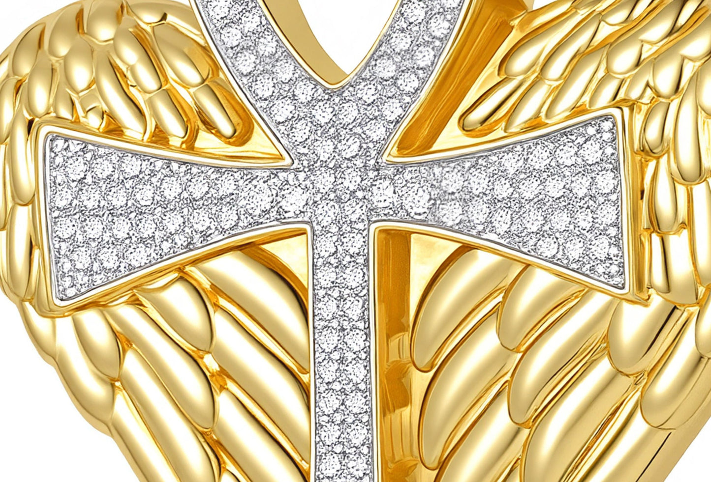 Detailed view of wing design on 14K Diamond Egyptian Ankh Cross Pendant
