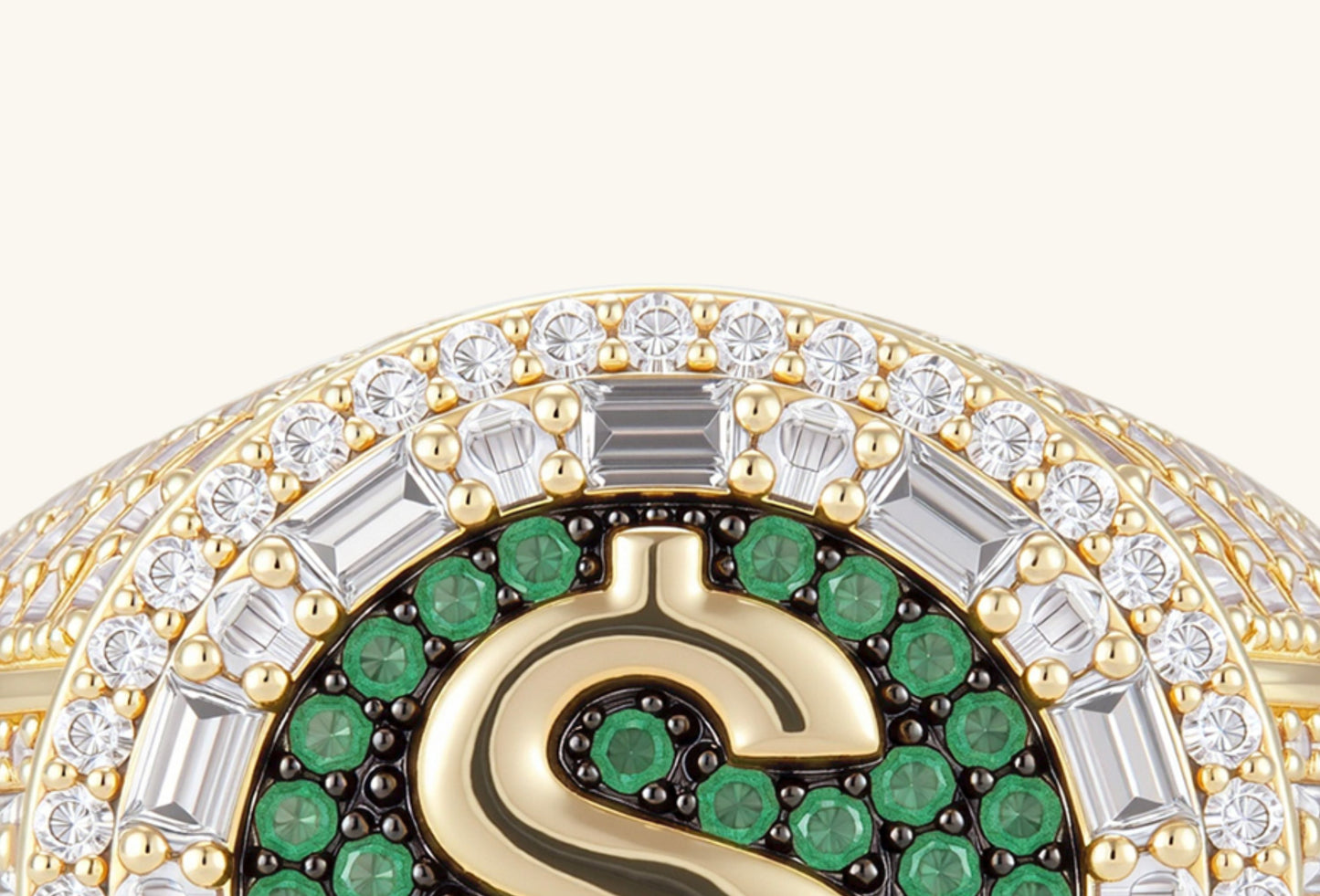 Close-up of BuzzBloom 14K gold diamond dollar ring showcasing hand-set pavé diamonds