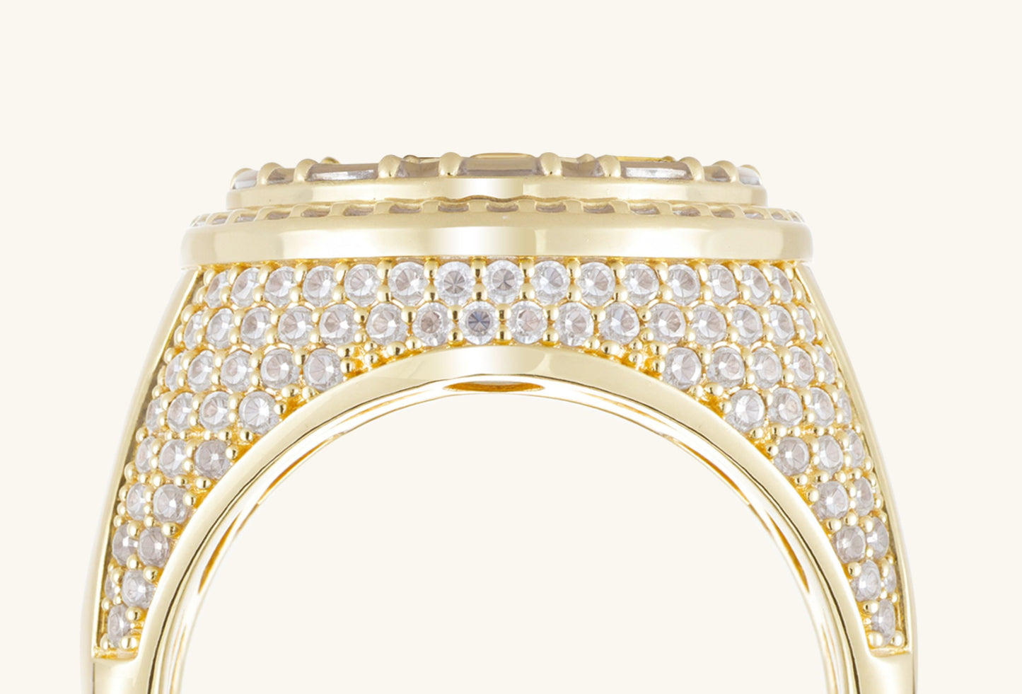 Side view of BuzzBloom 14K gold diamond dollar ring highlighting polished band and luxury finish