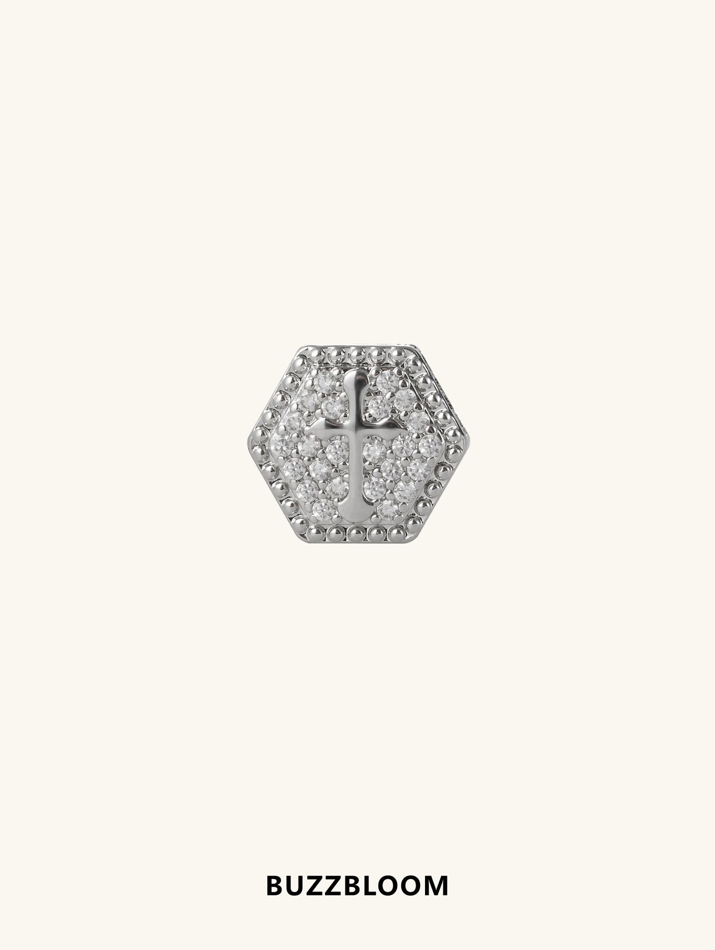 Buzzbloom 14K Hexagonal Cross Diamond Stud Earring front view with pavé diamonds