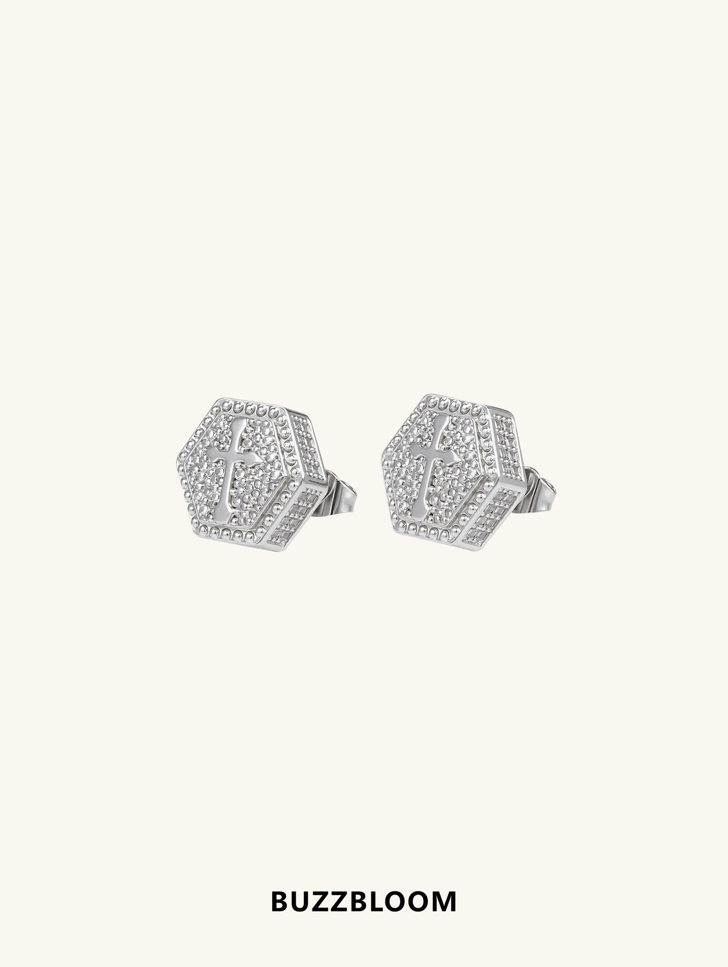 Pair of Buzzbloom 14K Hexagonal Cross Diamond Stud Earrings with side profile