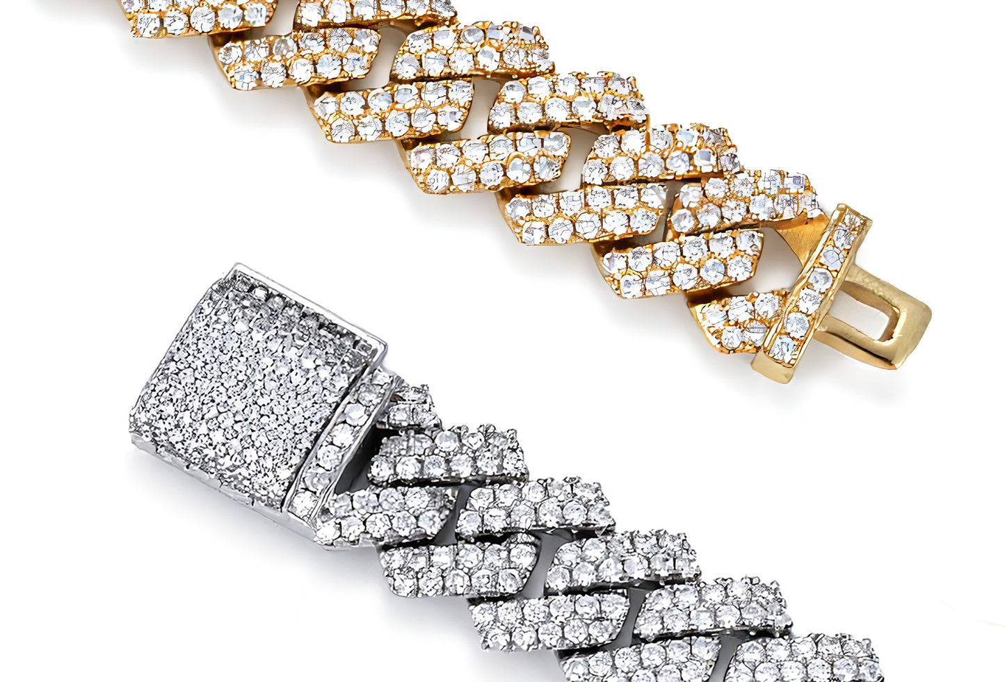 Close-up of diamond-encrusted Cuban chain links in 14K gold