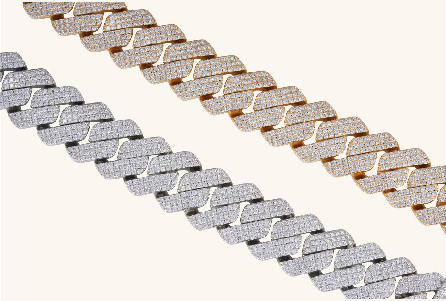 Zoomed-in detail of iced-out diamond Cuban links in 14K gold