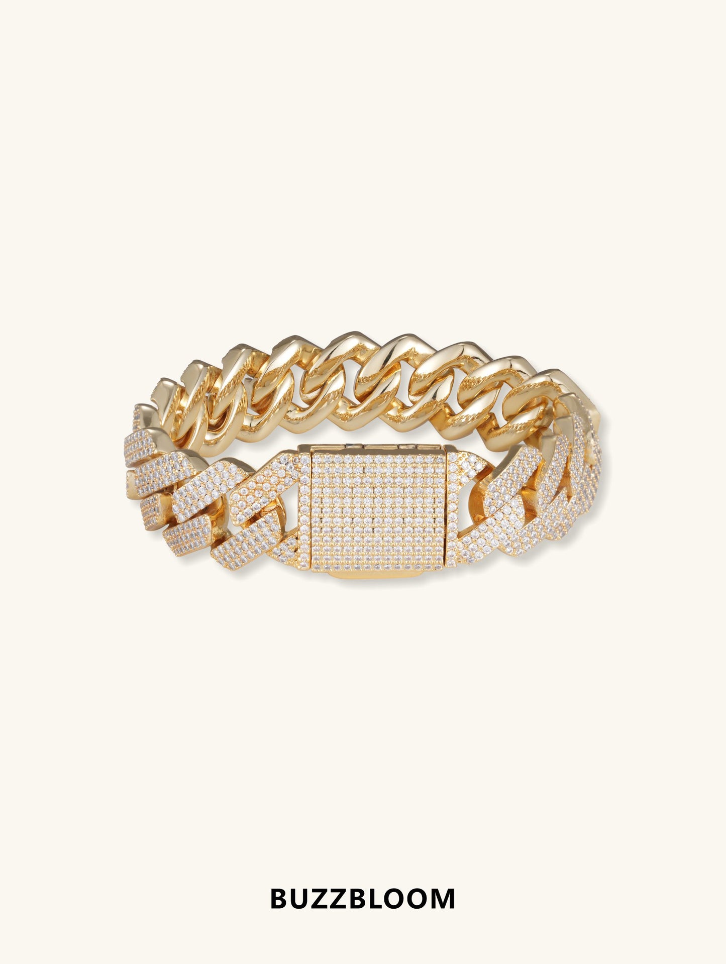 Front view of 20mm Diamond 14K Cuban Bracelet with iced-out links