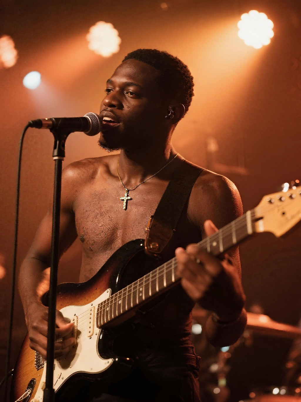 BuzzBloom customer wearing 14K gold diamond cross pendant necklace while performing live music on stage, stylish male audience
