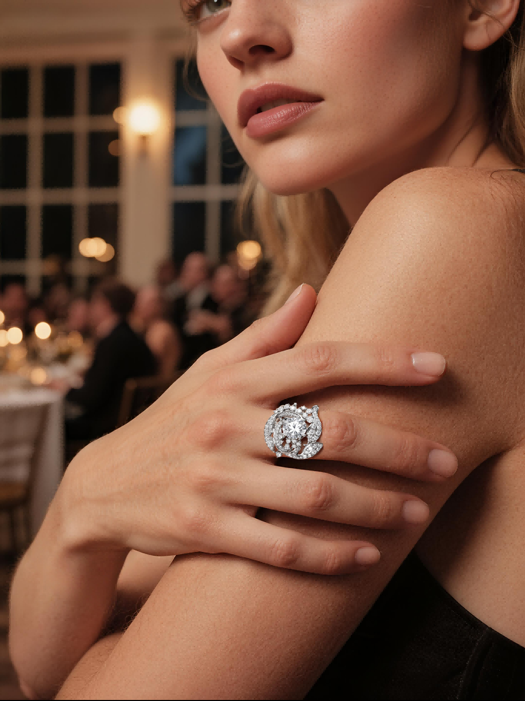 BuzzBloom customer showcasing vintage floral gemstone ring in gala dinner setting, refined women’s jewelry look