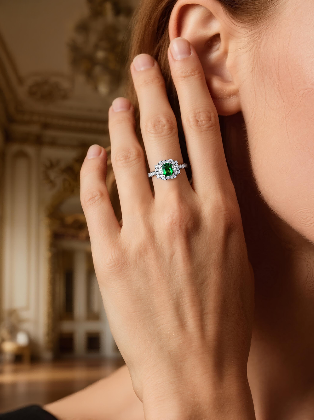 BuzzBloom customer wearing vintage emerald cut halo engagement ring with moissanite in classic interior scene, statement green gemstone jewelry for women