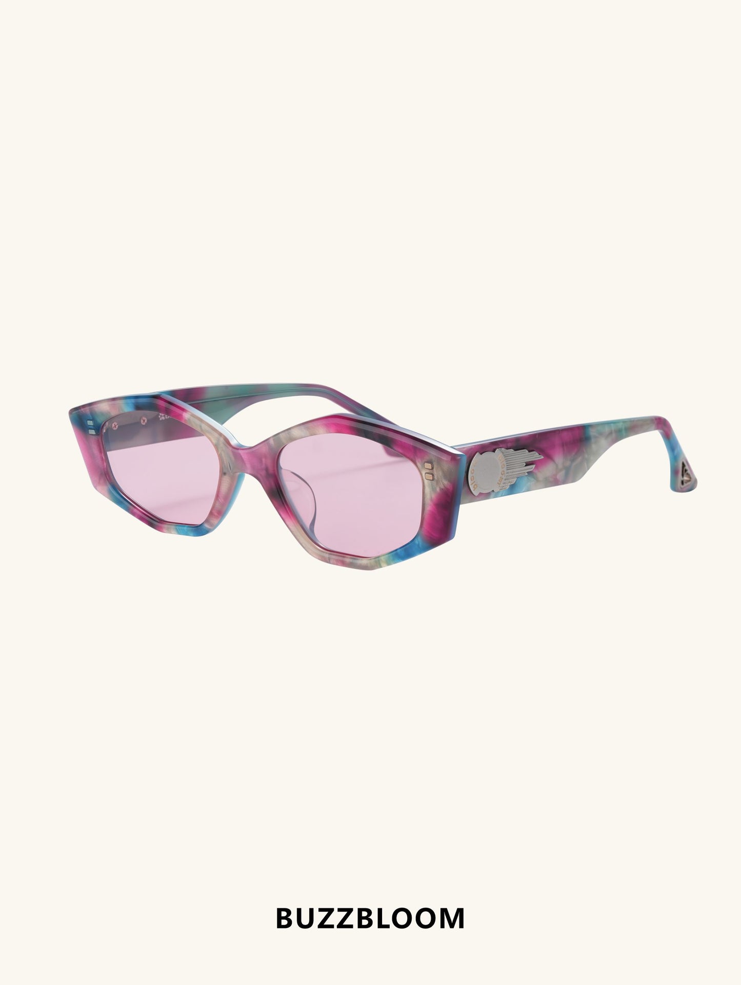 Side view of aerospace-grade nylon polygonal sunglasses with colorful acetate frame and pink lenses