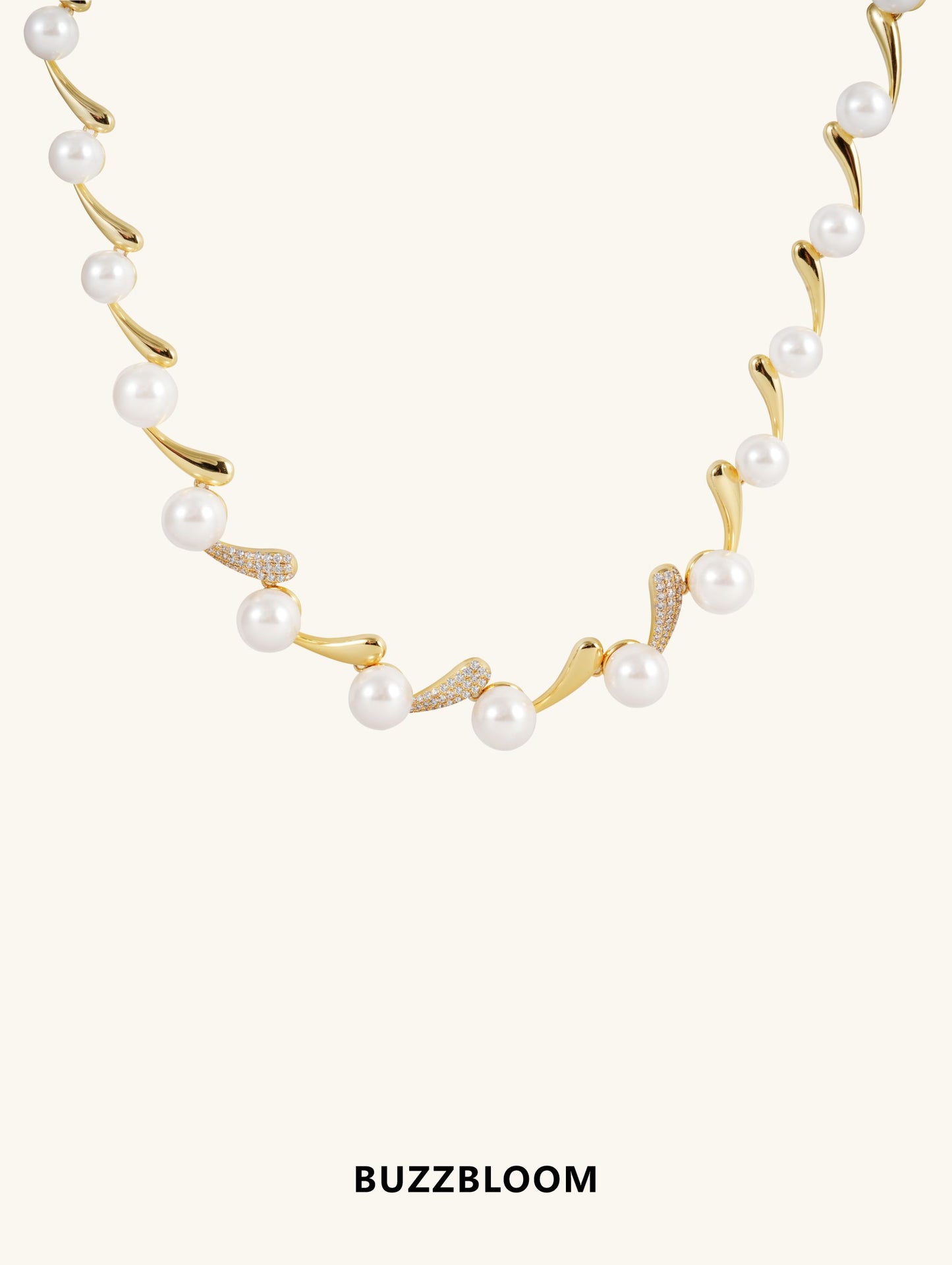 Australian White Shell Pearl 14K Diamond Necklace with gold and diamond accents - front view