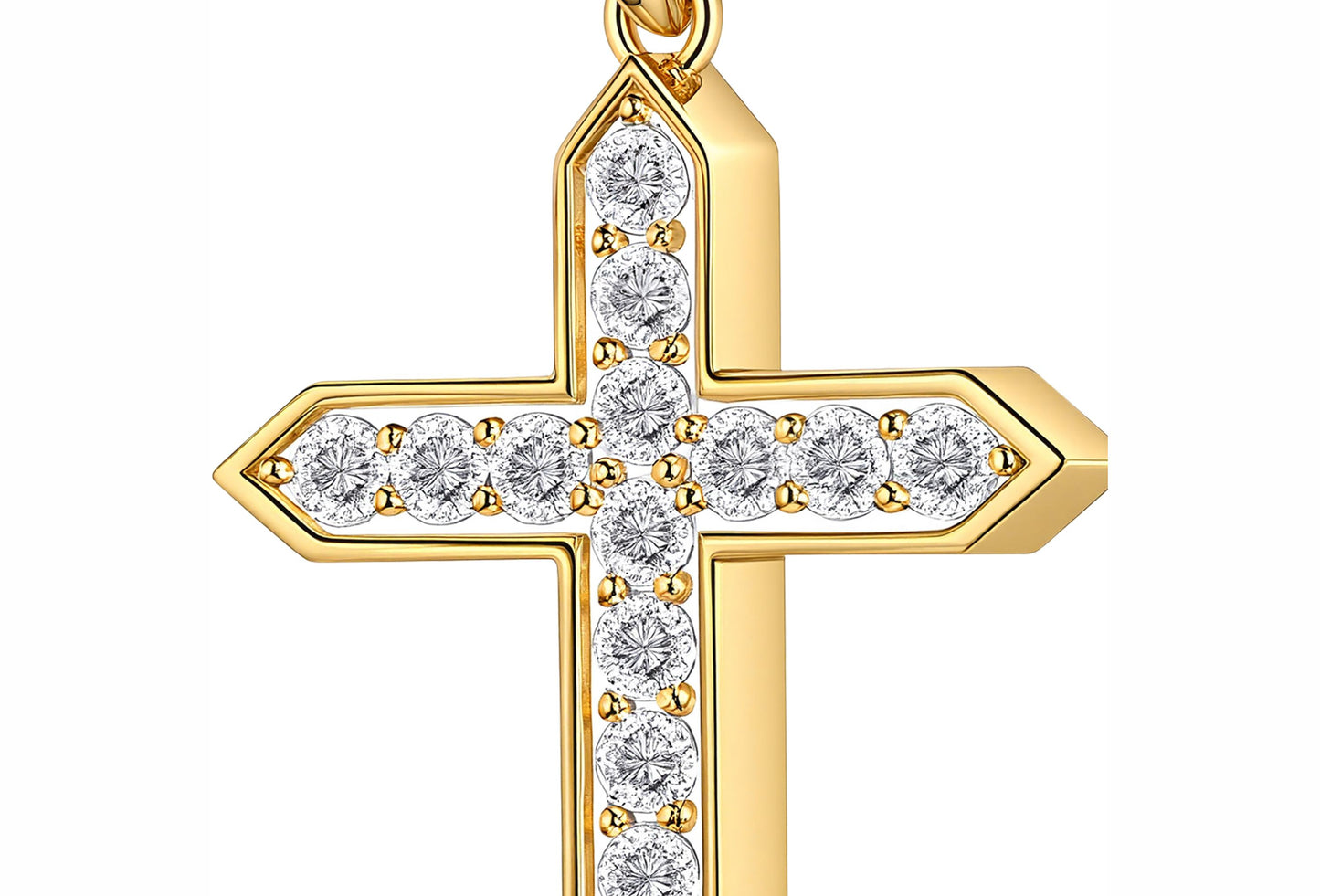 Close-up of Buzzbloom 14K yellow gold diamond cross pendant showing prong-set round diamonds.