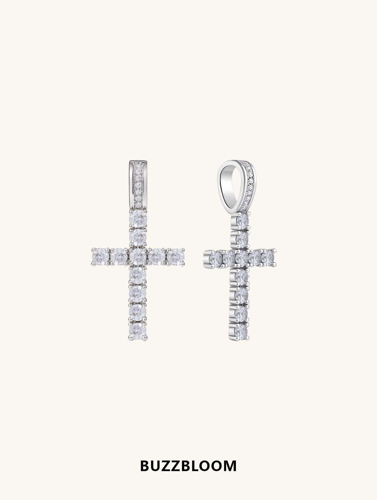BUZZBLOOM 14K diamond cross pendant front view with brilliant round-cut diamonds, symbolizing faith and elegance in timeless gold jewelry.