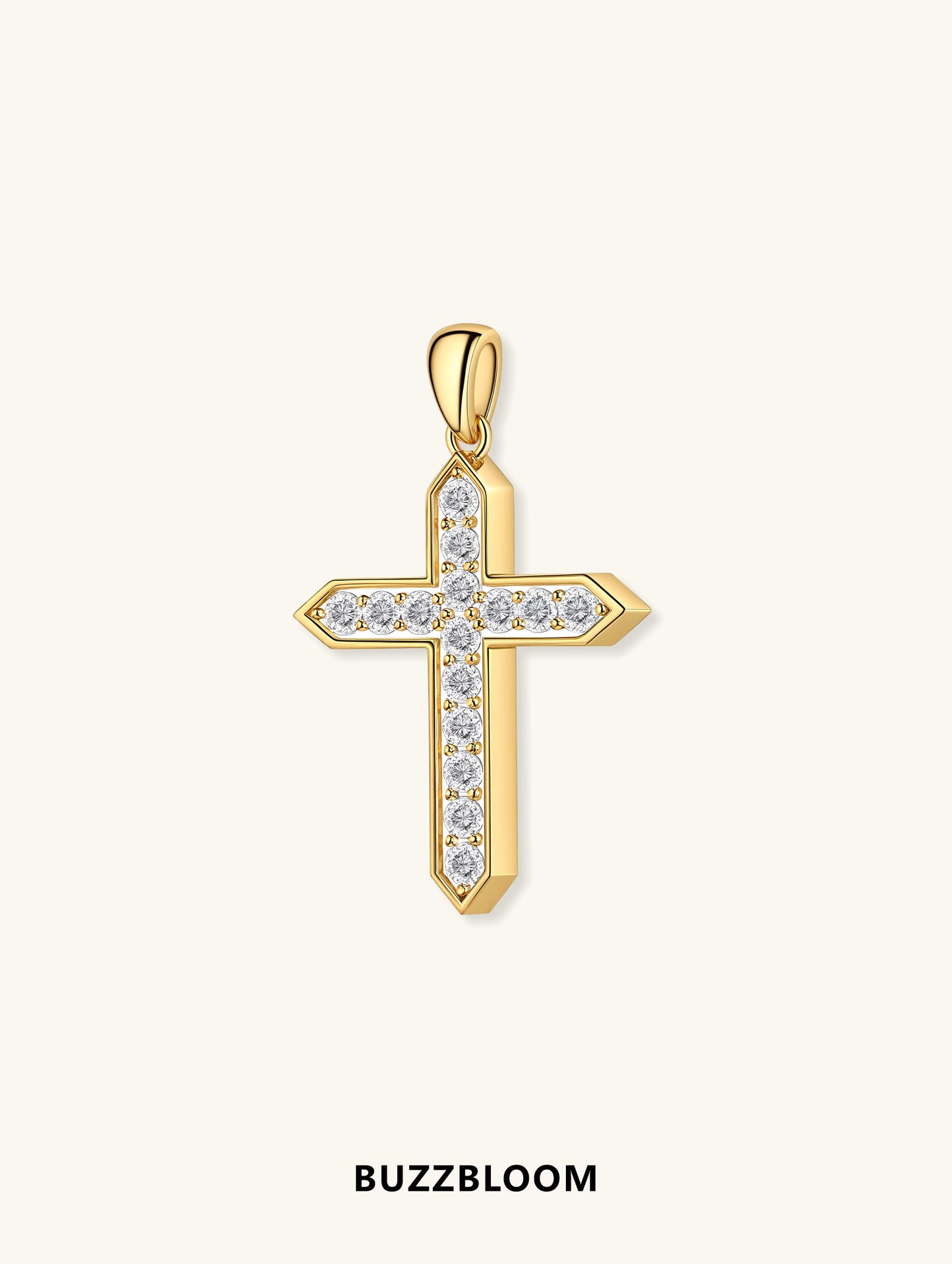 Buzzbloom 14K yellow gold diamond cross pendant, side profile showcasing intricate craftsmanship and diamond brilliance.