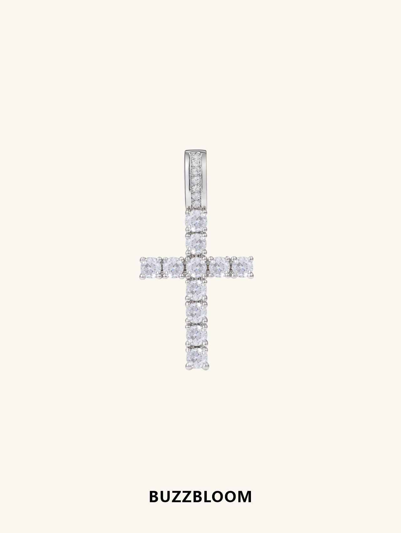 BUZZBLOOM 14K diamond cross pendant front and side view, featuring round-cut diamonds in a refined gold cross design, perfect for everyday wear or special occasions.