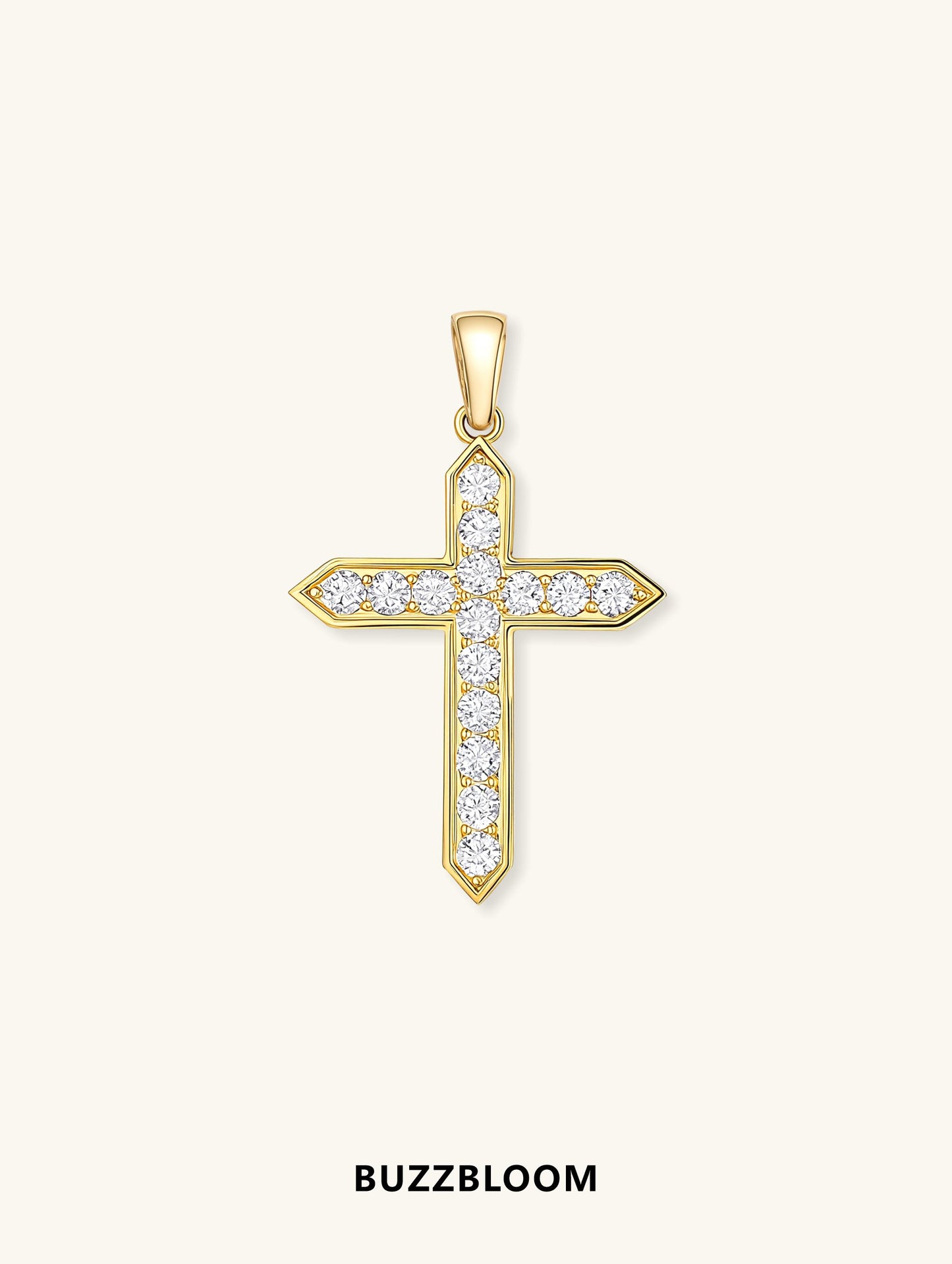 Buzzbloom 14K diamond cross pendant necklace, front view in polished yellow gold with brilliant round diamonds.