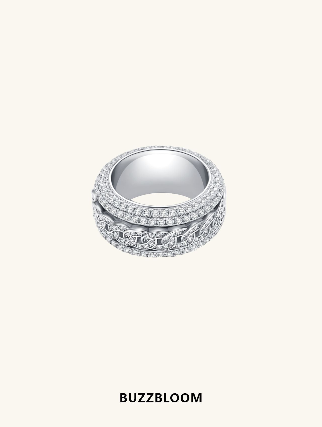 BuzzBloom 14K white gold Cuban link diamond ring, front view.