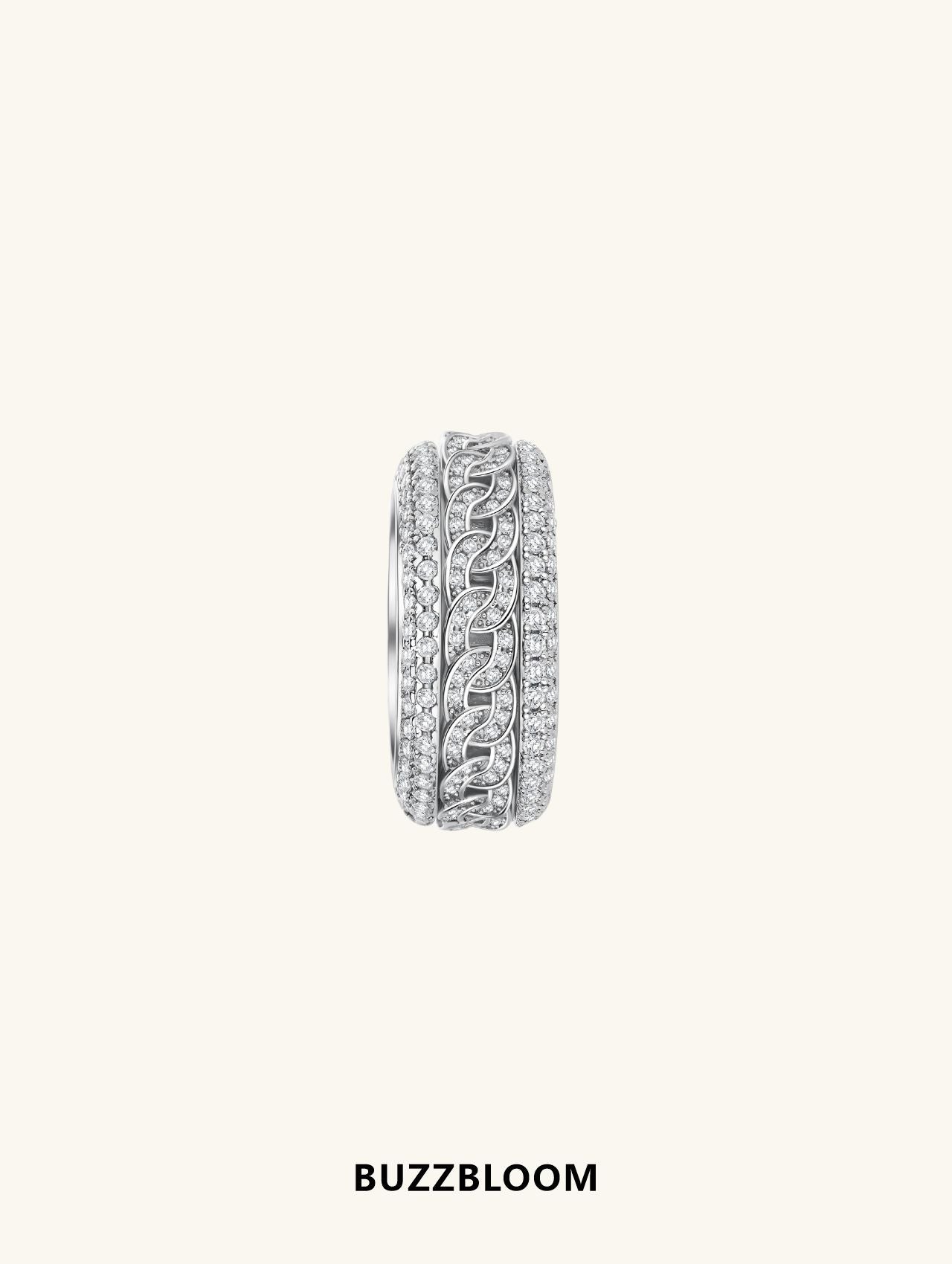BuzzBloom 14K white gold diamond Cuban ring showcasing intricate link design, side profile.