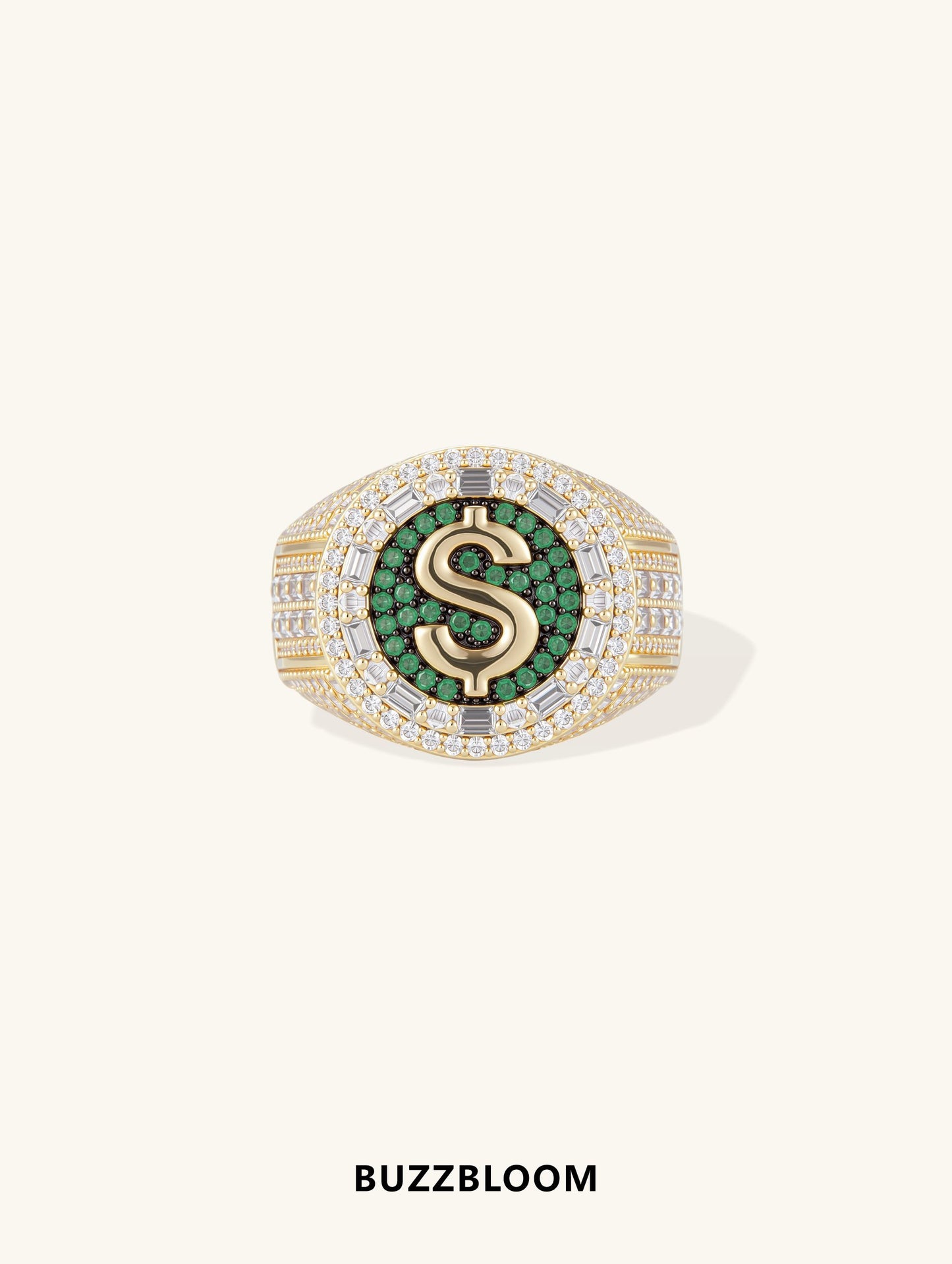 BuzzBloom 14K gold diamond dollar sign ring – front view showing S symbol and pave diamond setting