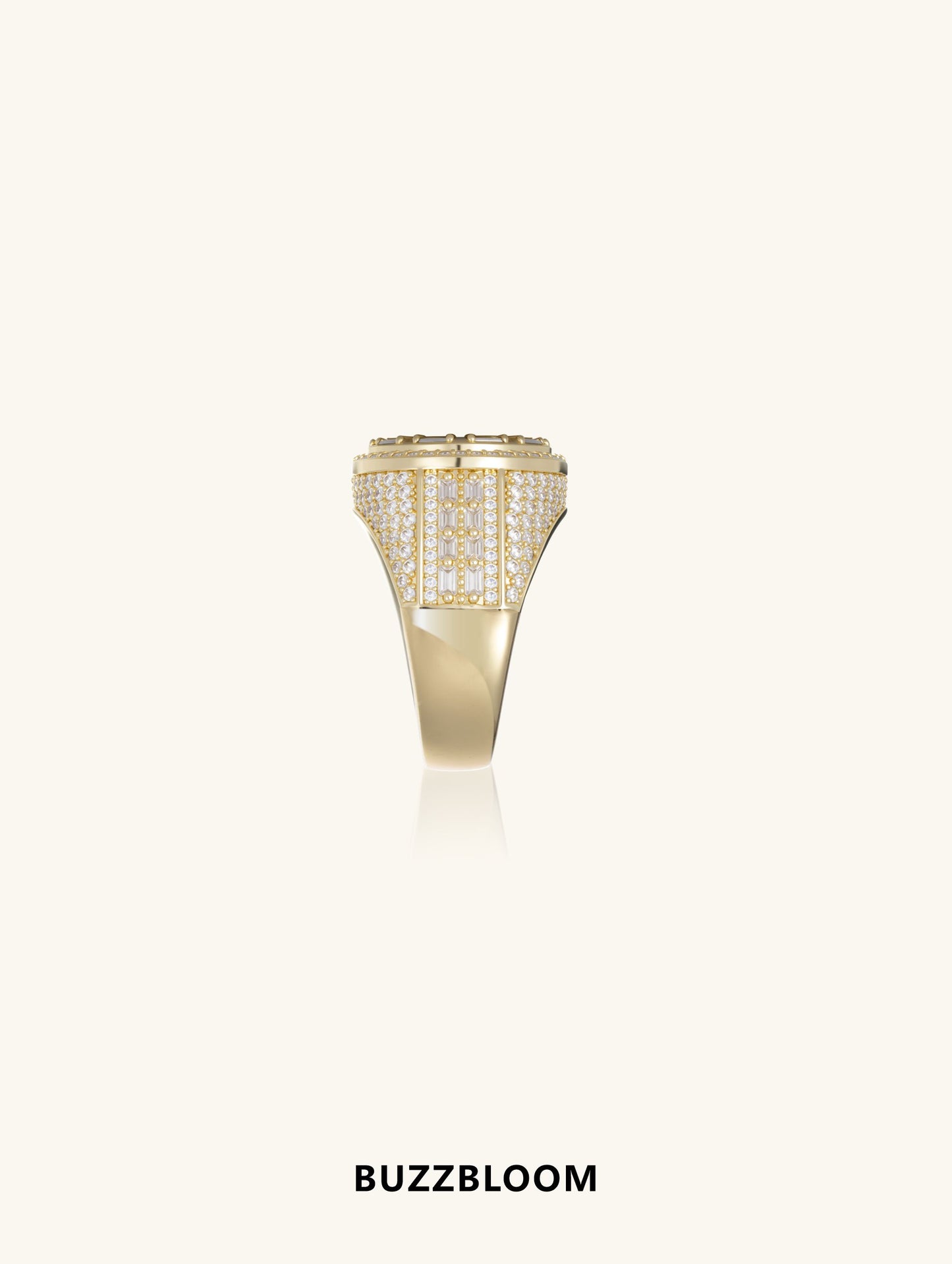 BuzzBloom 14K gold diamond dollar ring – horizontal side view showing band thickness and pave detailing along the shank