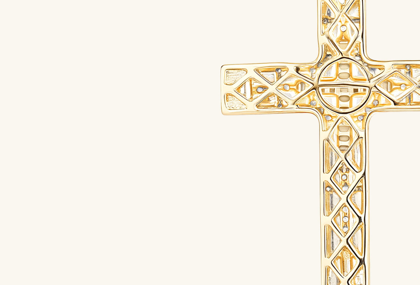 Back view of BUZZBLOOM 14K gold diamond cross pendant, highlighting polished gold surface and fine structural design.
