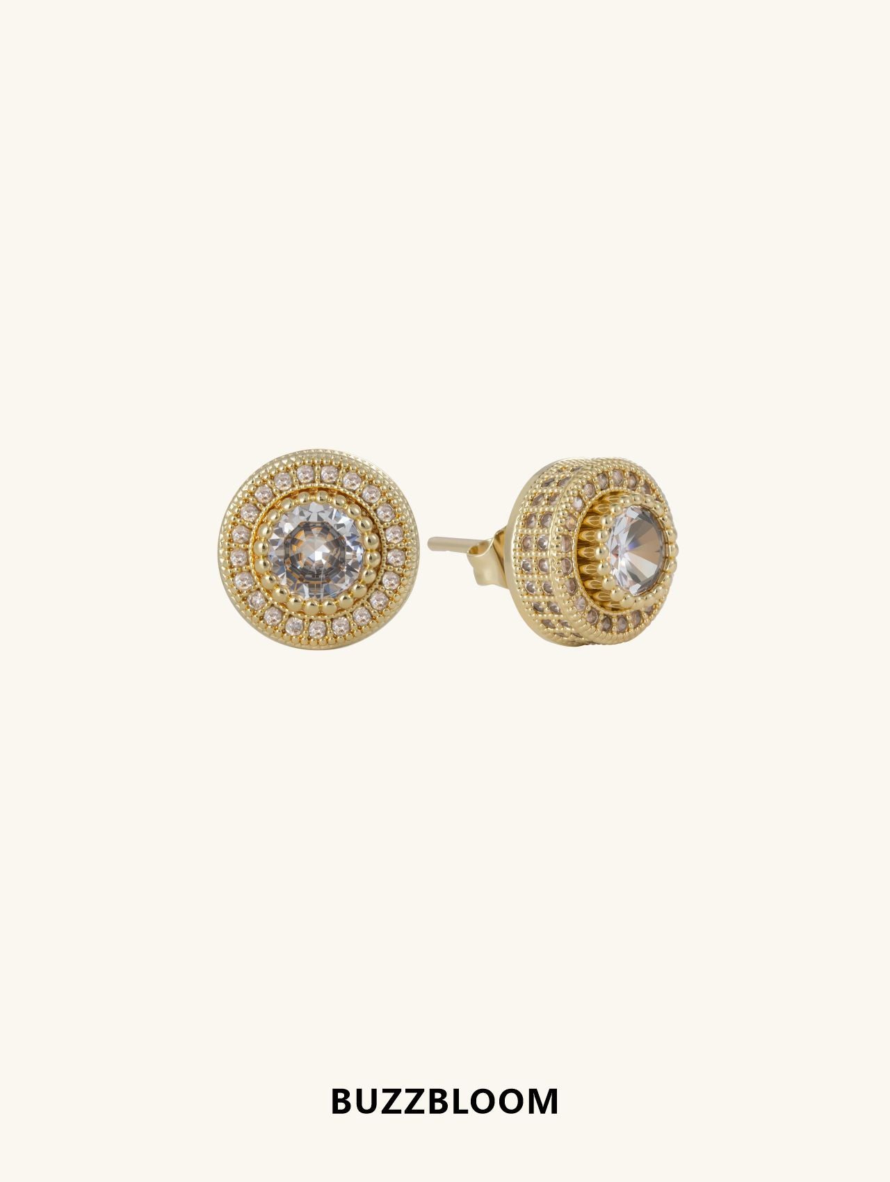 BUZZBLOOM 14K round full diamond stud earrings, front view, pavé-set brilliant round diamonds for a radiant and elegant look.