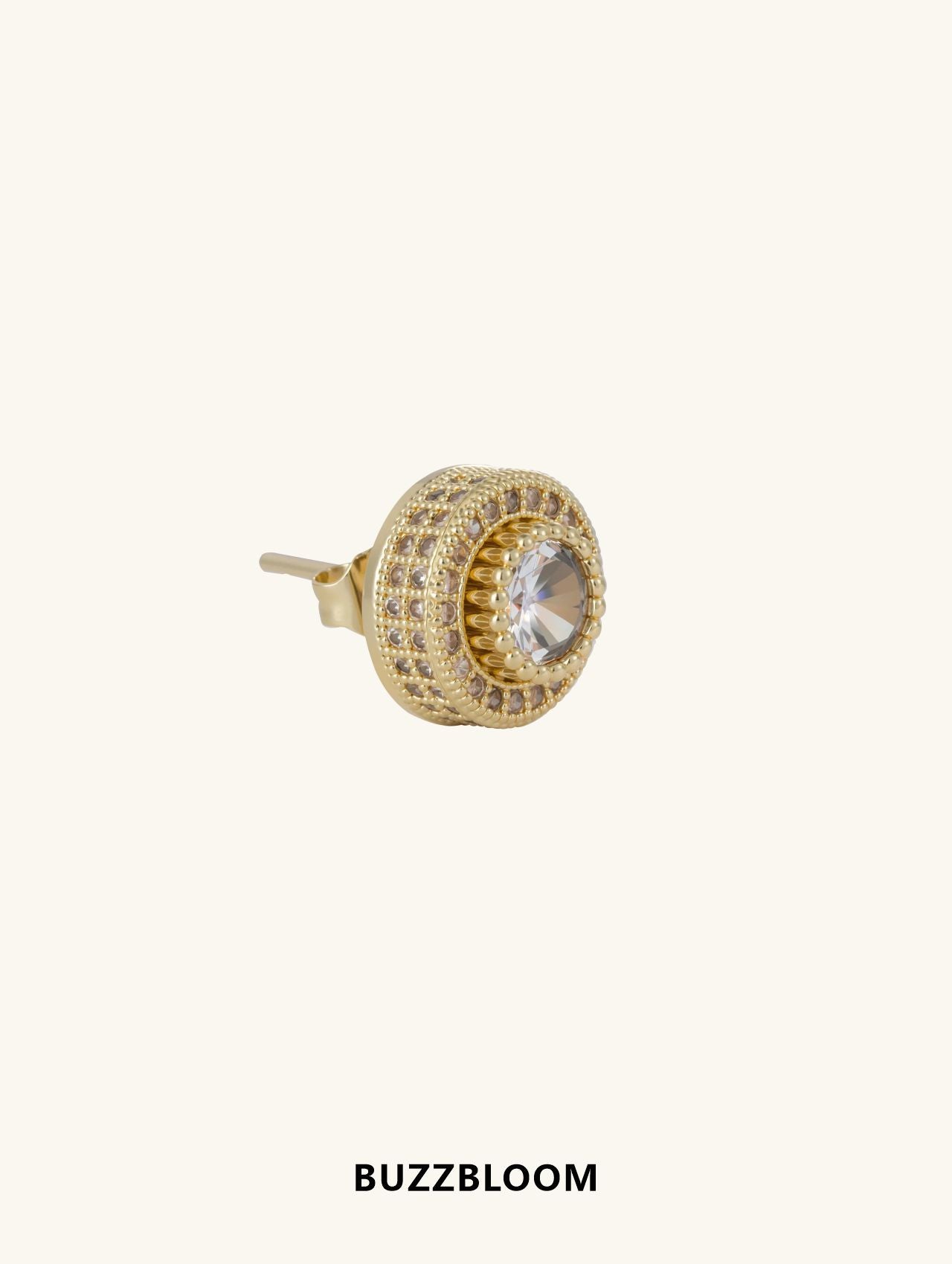BUZZBLOOM 14K round full diamond stud earrings, side angle view showing detailed pavé setting and lustrous round diamonds.