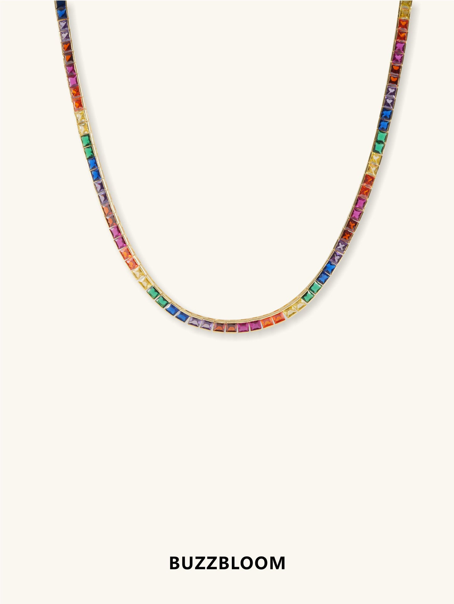 Buzzbloom 14K Rainbow Diamond Necklace front view with colorful square-cut stones