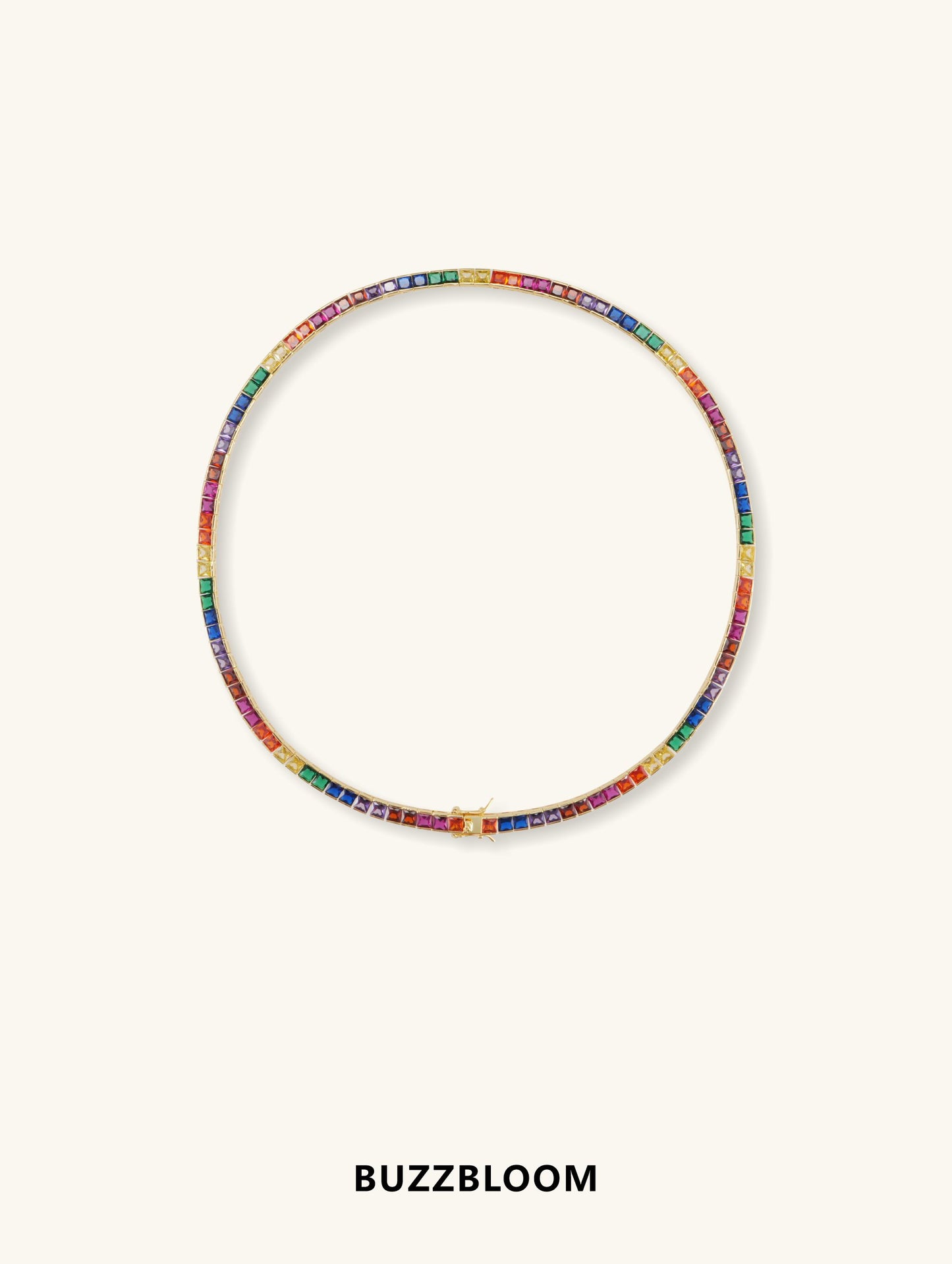 Buzzbloom 14K Rainbow Diamond Necklace full display in 14K gold with rainbow diamonds