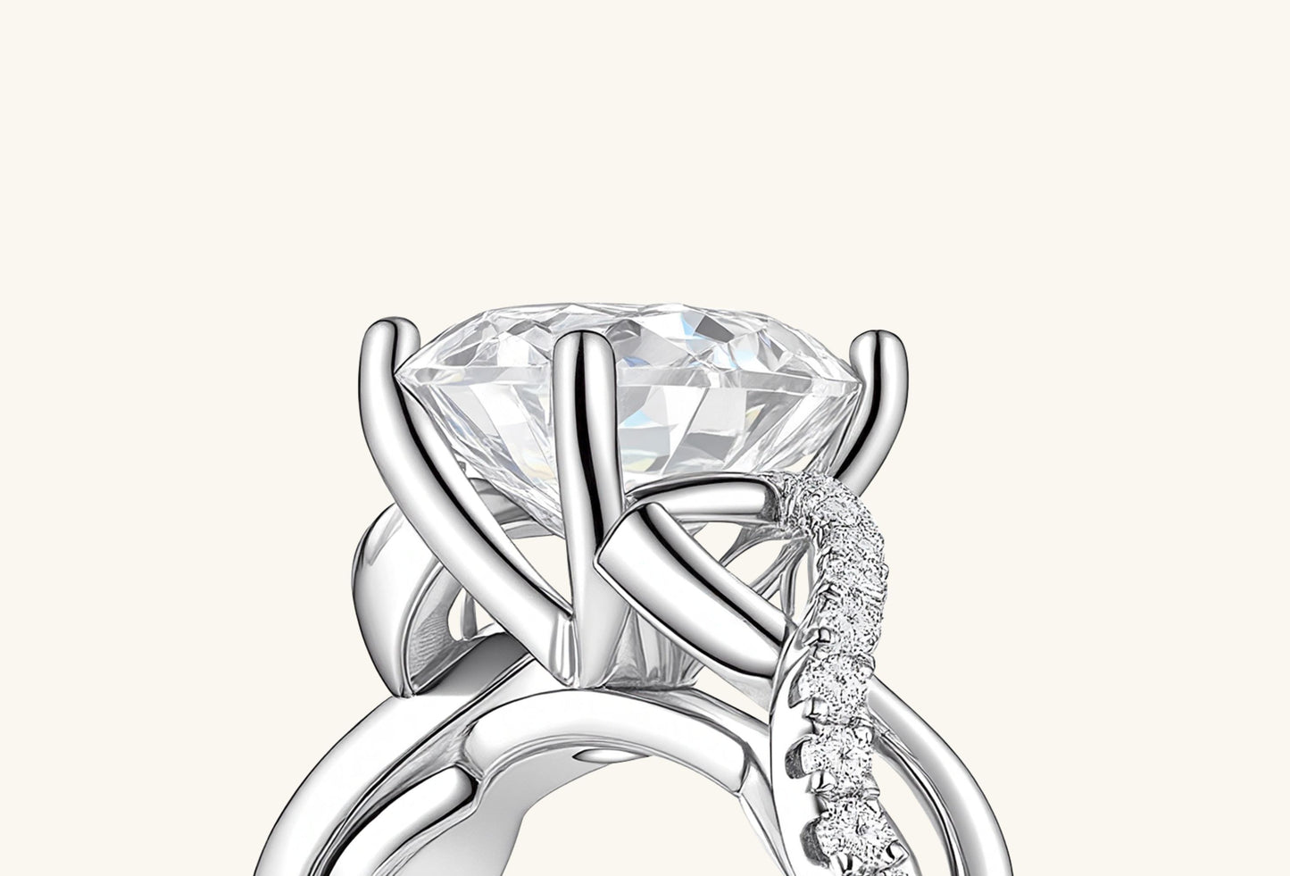 Close-up of BuzzBloom 14K white gold ring showcasing vine-inspired band with side diamond accents.