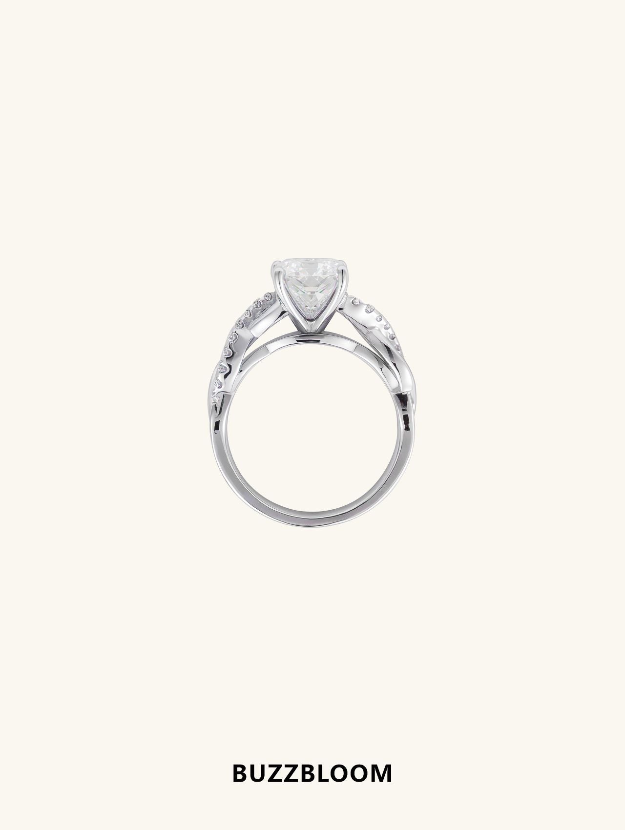 BuzzBloom 14K white gold large round diamond ring, elegant side view showing vine-inspired band design.
