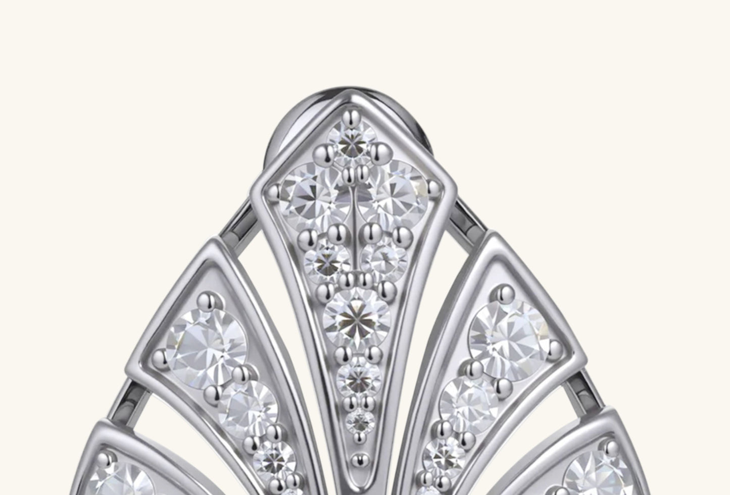Close-up of BuzzBloom 14K white gold earring showing pave-set diamonds and pear-shaped centerpiece.