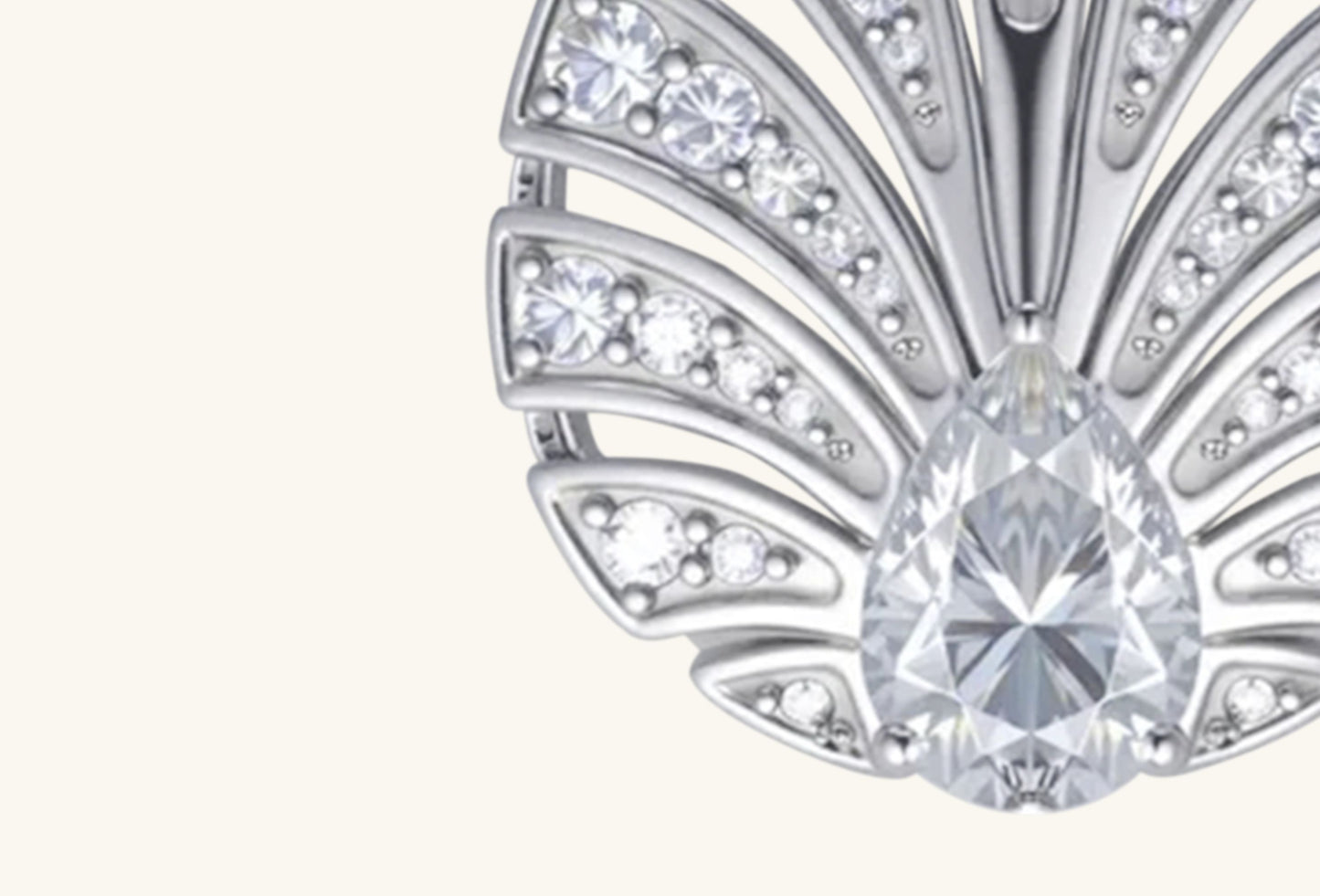 Macro detail of BuzzBloom 14K white gold earring highlighting diamond brilliance and Art Deco craftsmanship.