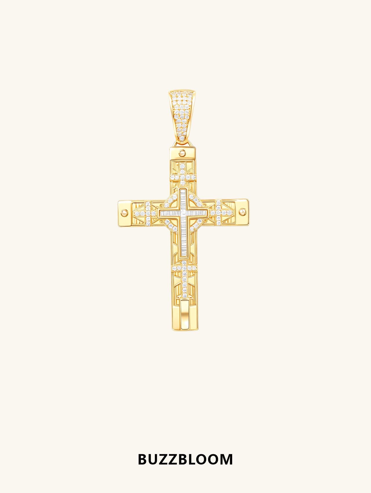 BuzzBloom 14K yellow gold diamond cross pendant, side view showcasing intricate design and pavé-set diamonds.