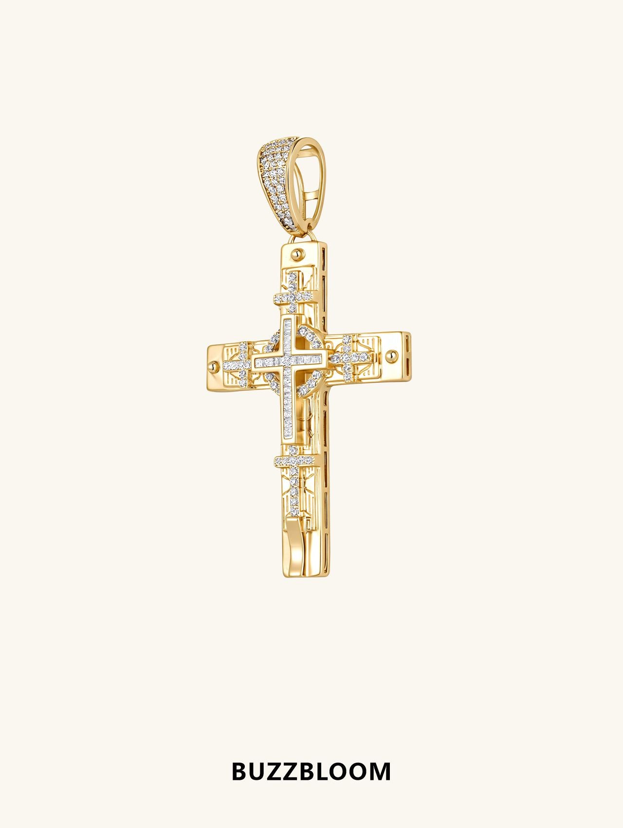 BuzzBloom 14K yellow gold diamond cross pendant with pavé-set diamonds and geometric detailing, front view.