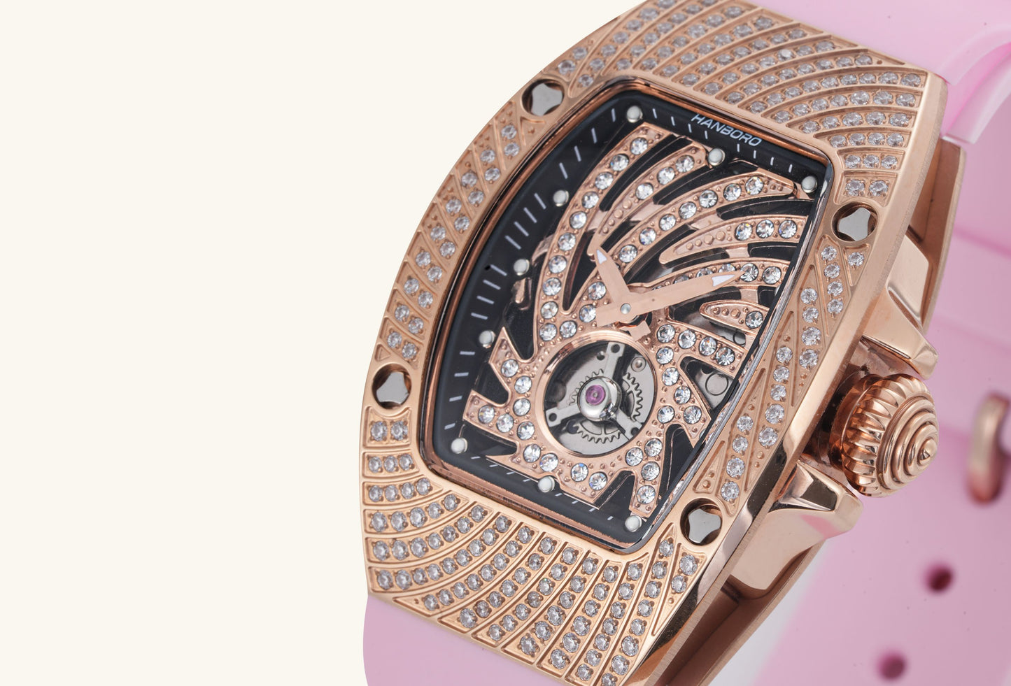 Close-up of BuzzBloom quartz movement diamond women’s watch crown