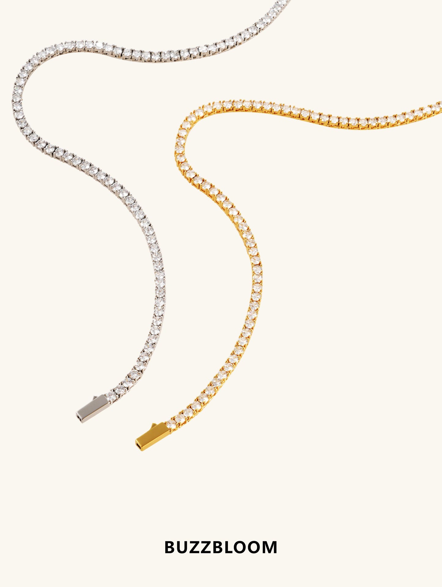 Buzzbloom 4mm Diamond Tennis Chain in gold and silver variations