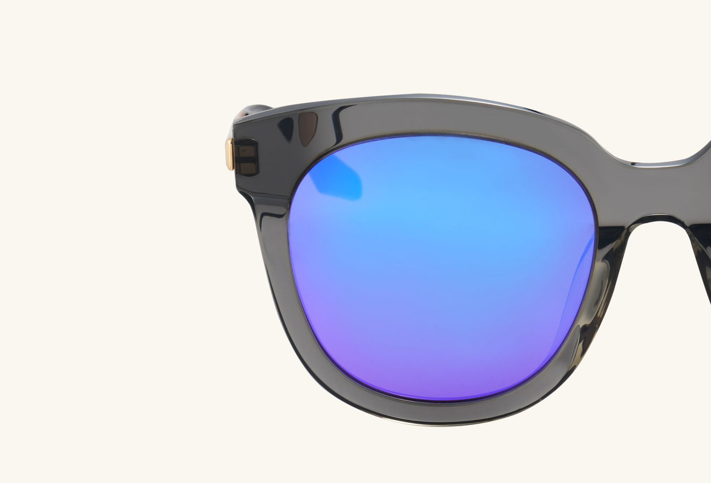 Macro detail of Buzzbloom sunglasses blue mirrored lens with nylon frame finish