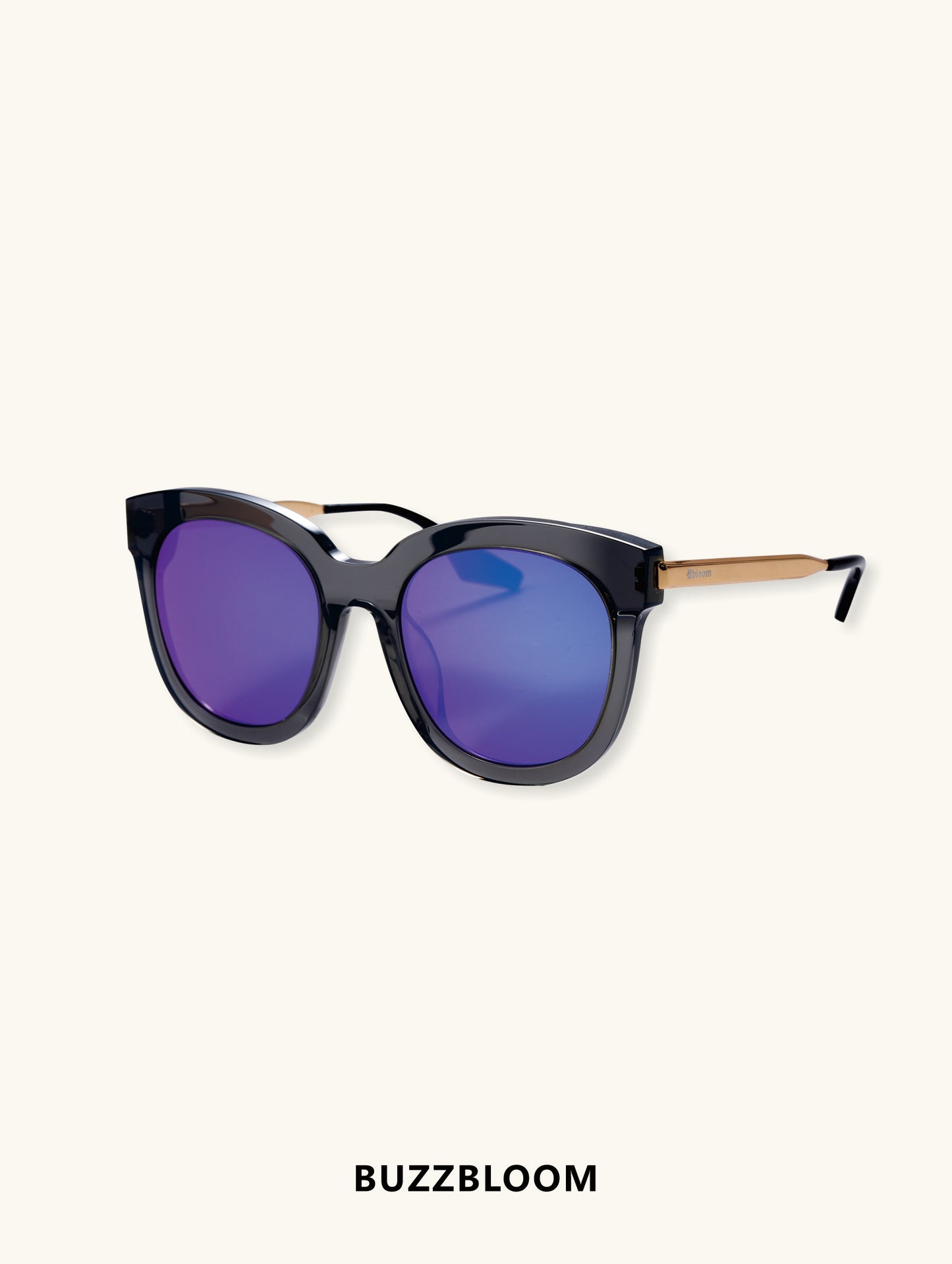 Multi-color aerospace nylon sunglasses with gold temples and blue mirrored lenses side view