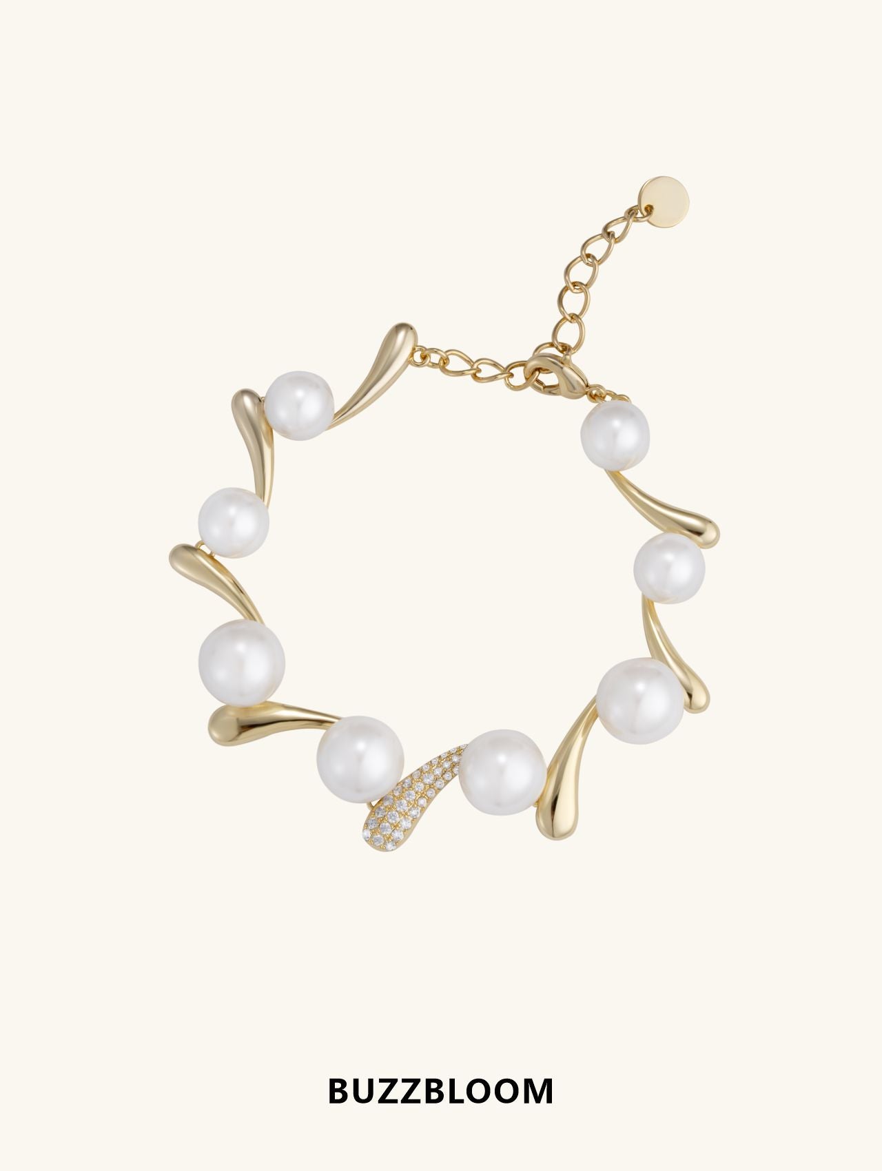 BuzzBloom Australian White Shell Pearl 14K Diamond Bracelet, front view showcasing pearls and gold diamond accents.