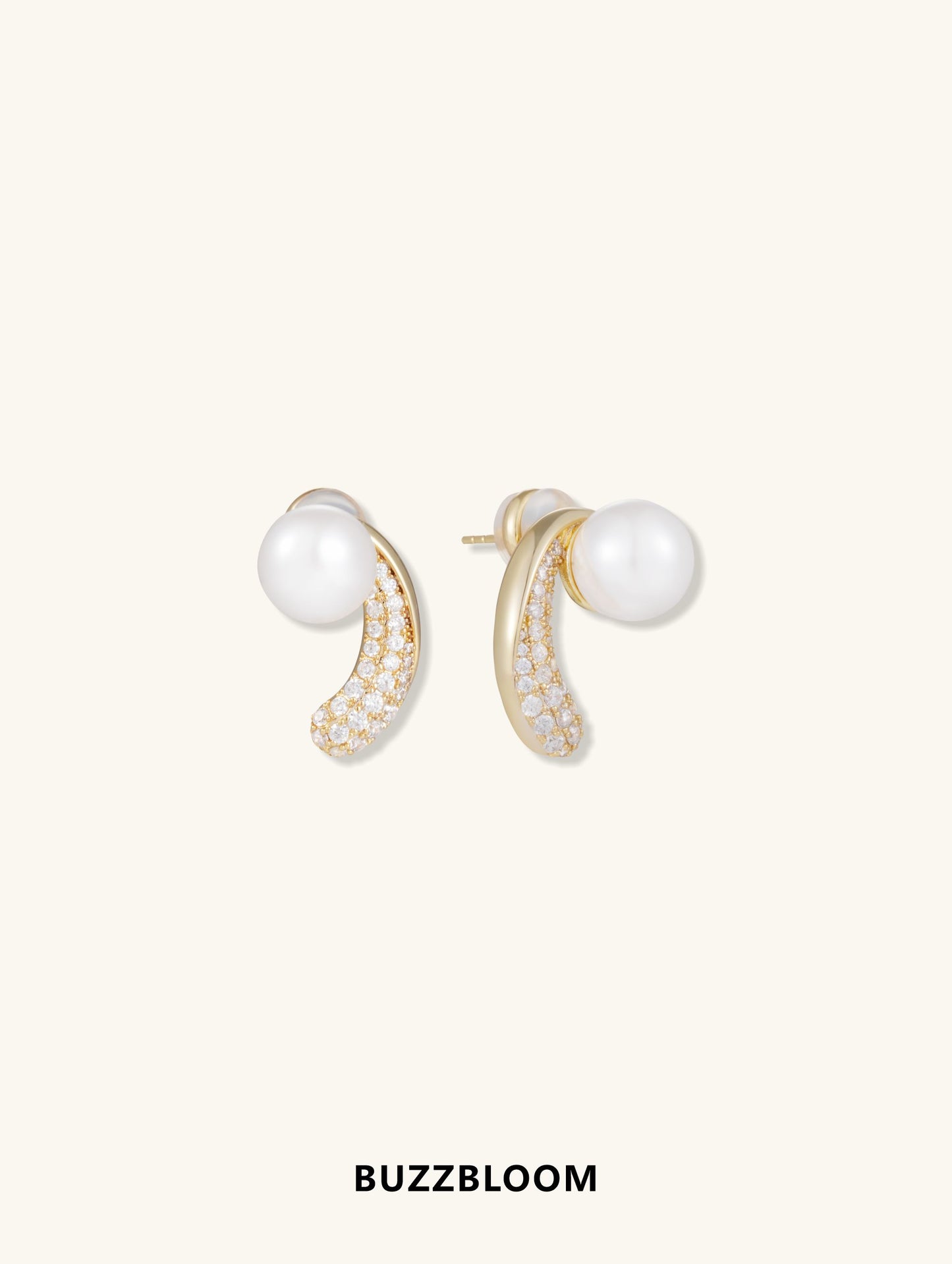 Buzzbloom Australian White Shell Pearl 14K Diamond Stud Earrings, front view highlighting elegant gold curves and sparkling diamonds.