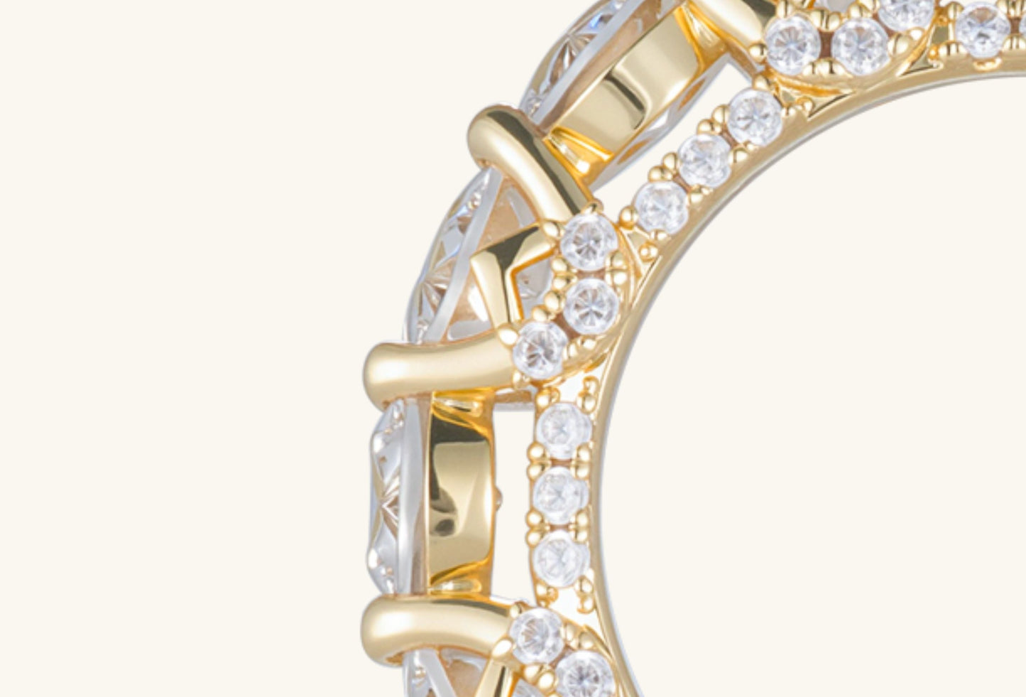 Close-up of BuzzBloom 14K rose gold bezel-set diamond full-circle ring with crown halo design