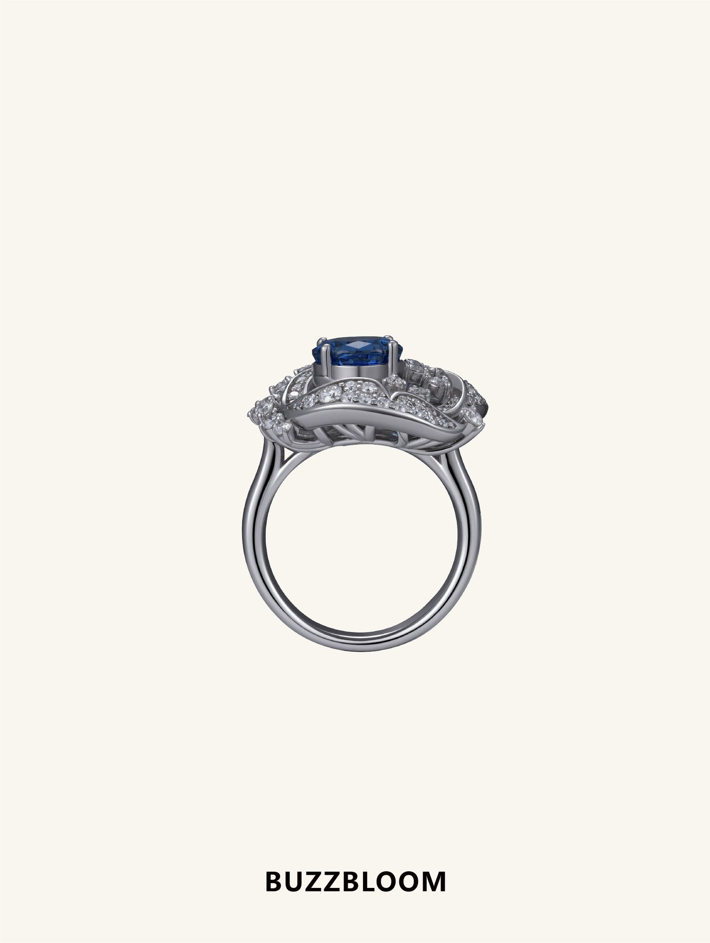 Side angle of Blue sapphire diamond halo ring with leaf design