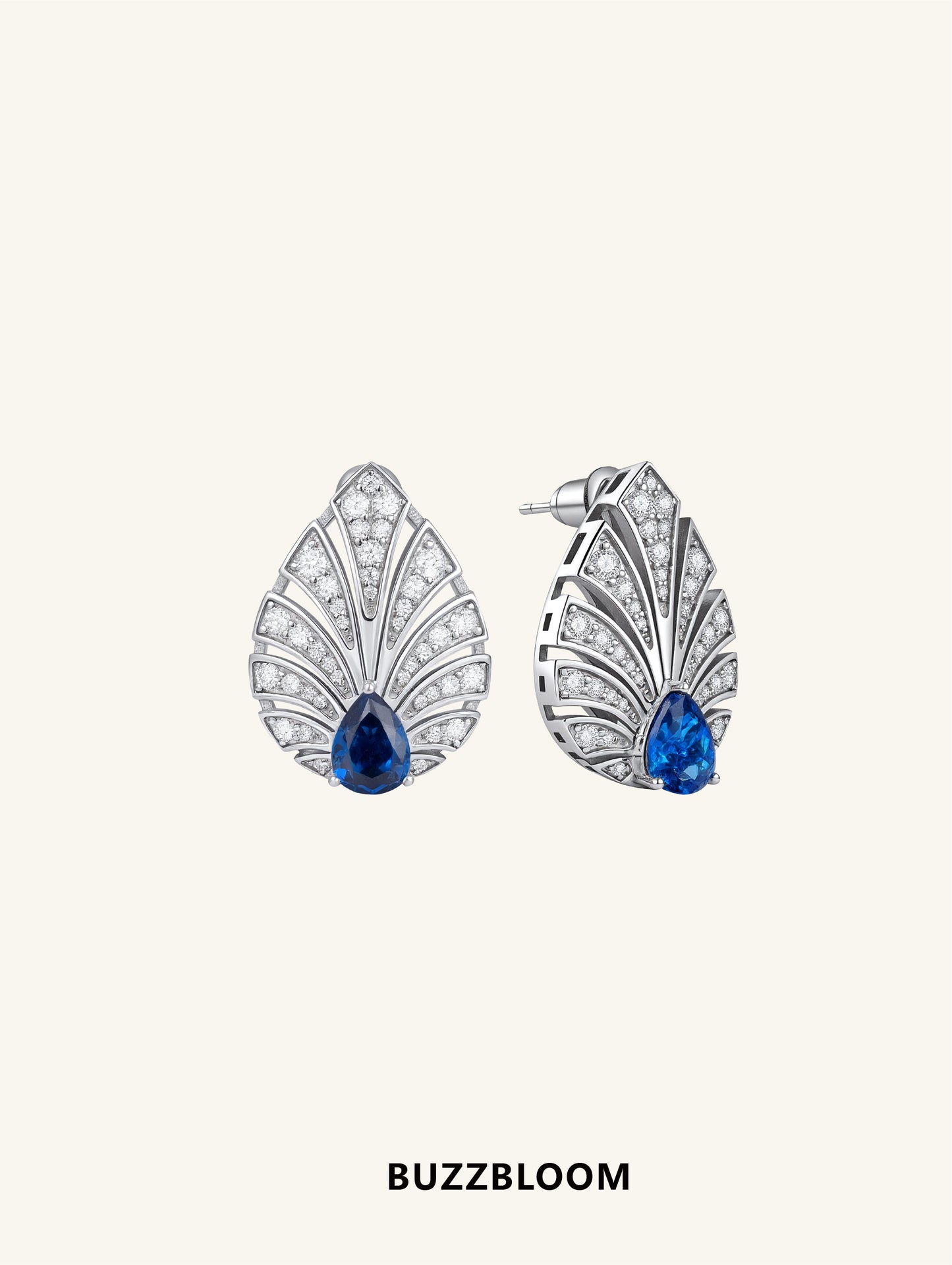 Elegant side angle of BuzzBloom Brilliant Gleam sapphire earrings
