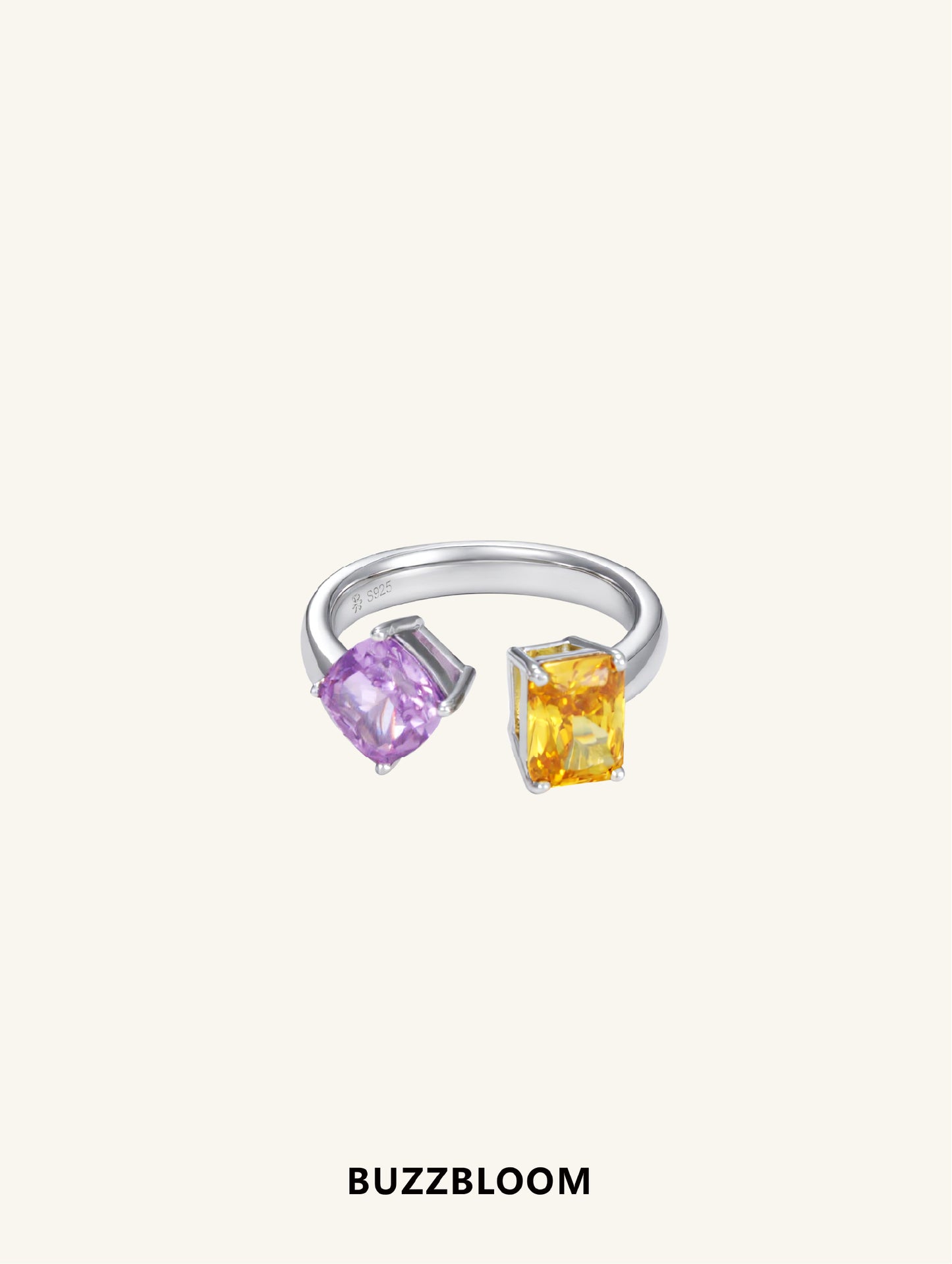 BuzzBloom two-stone gemstone ring with amethyst and citrine