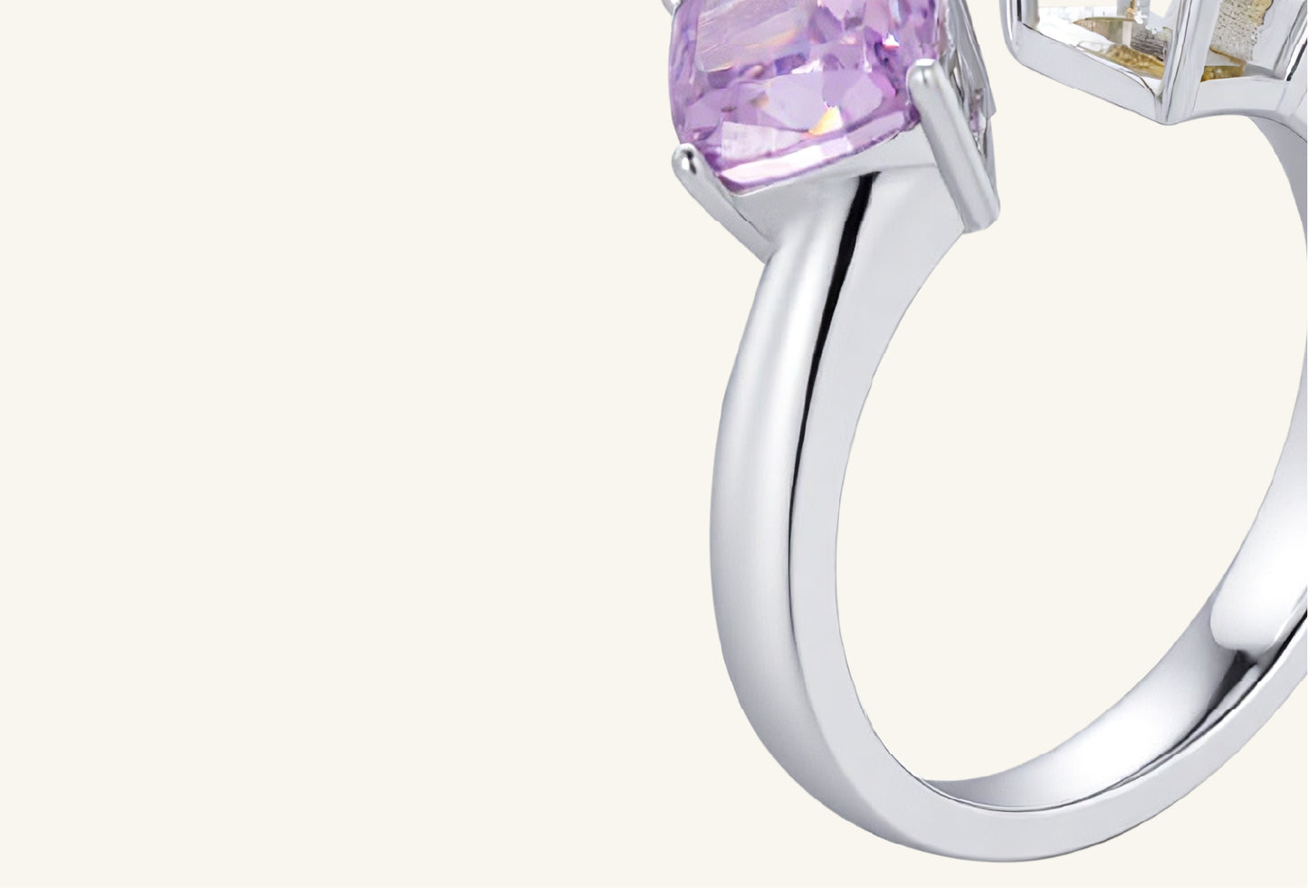 Macro shot of dual gemstones, amethyst and citrine, in silver ring