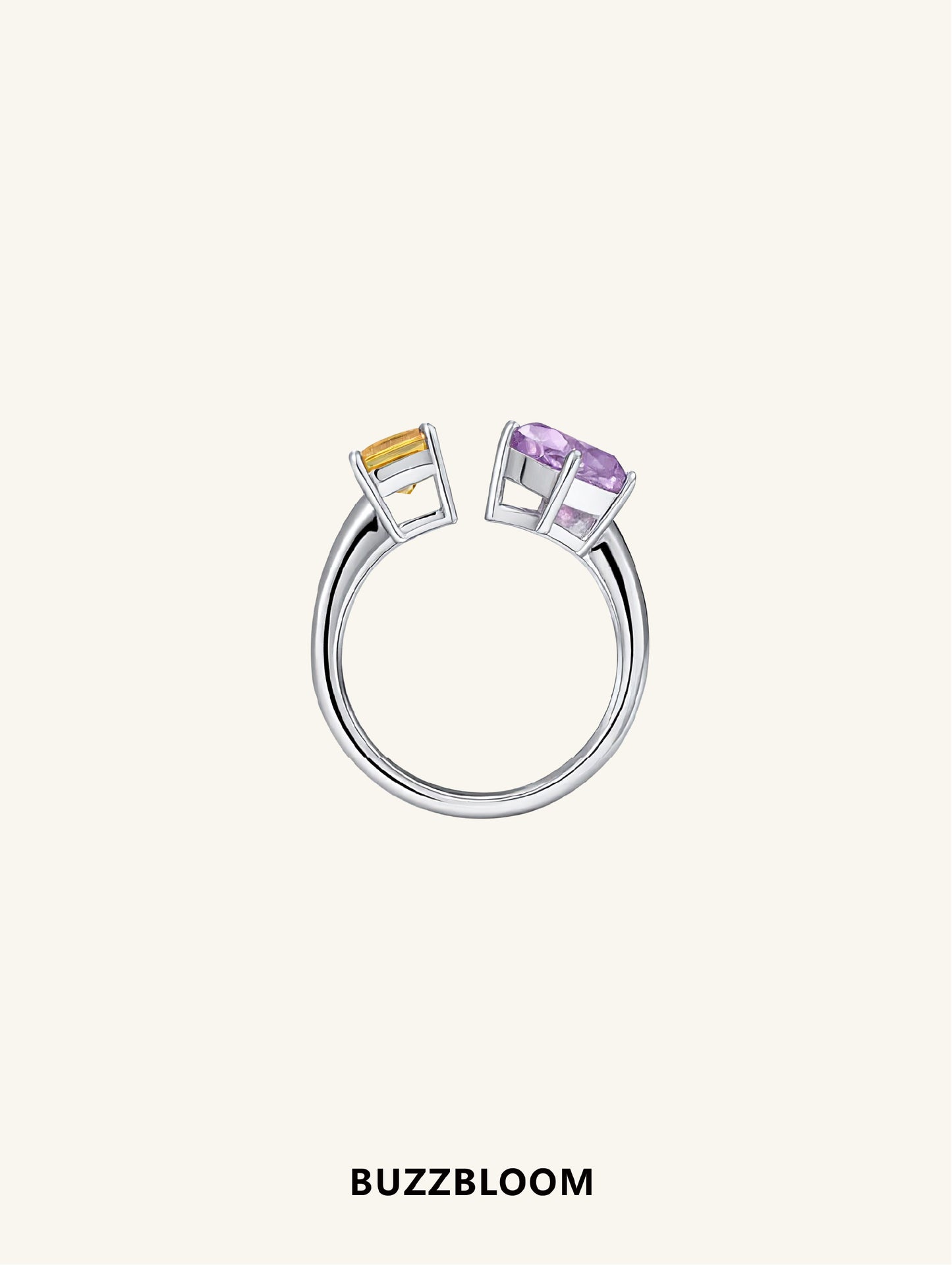 Sterling silver open band ring featuring amethyst and citrine stones