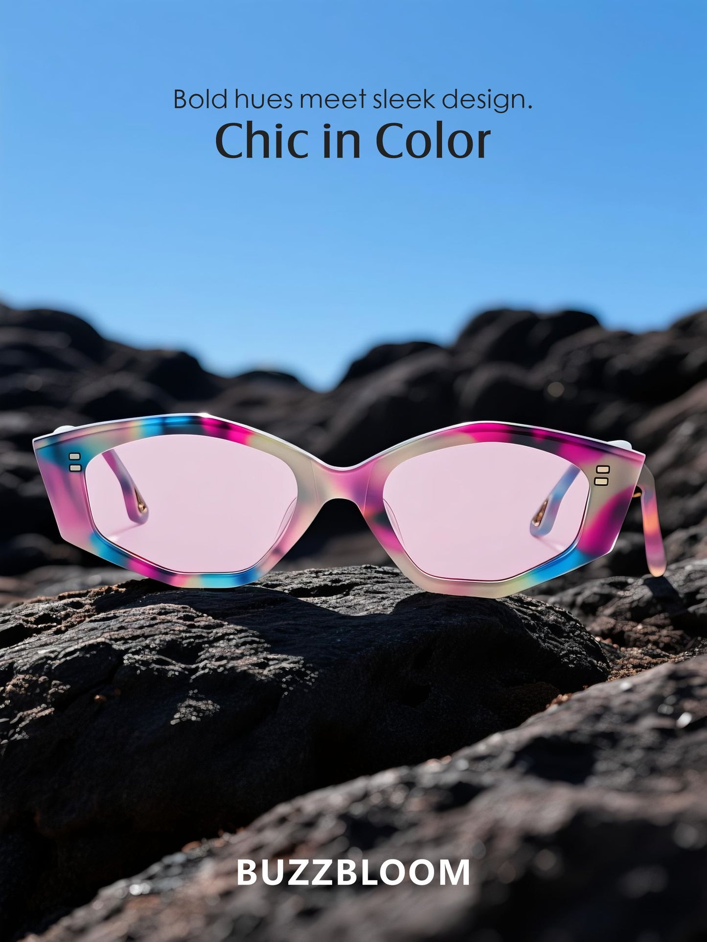 BUZZBLOOM colorful aerospace-grade nylon polygonal sunglasses on rocks under blue sky