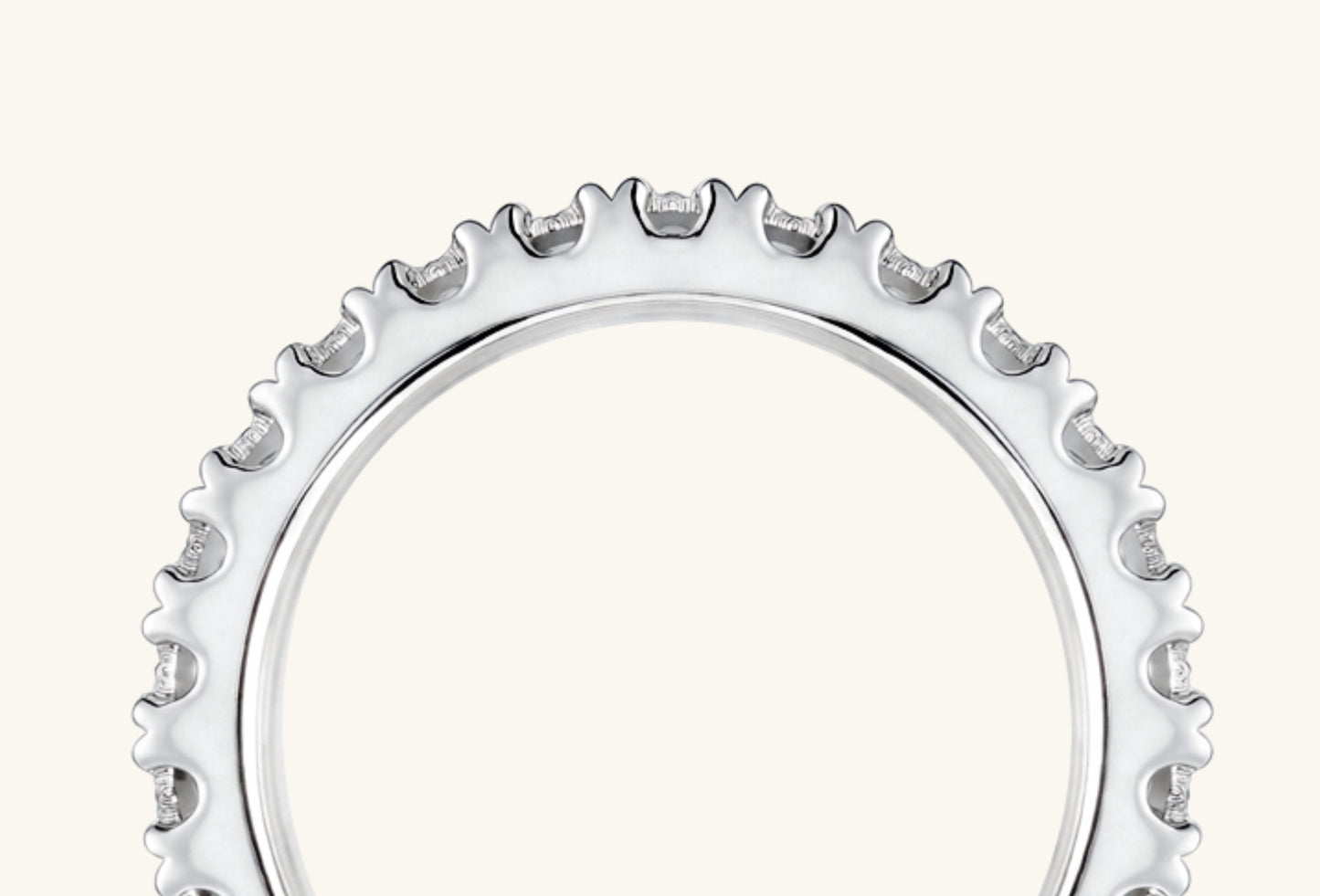 Detail view of BuzzBloom delicate 14K white gold pavé diamond band designed for stacking