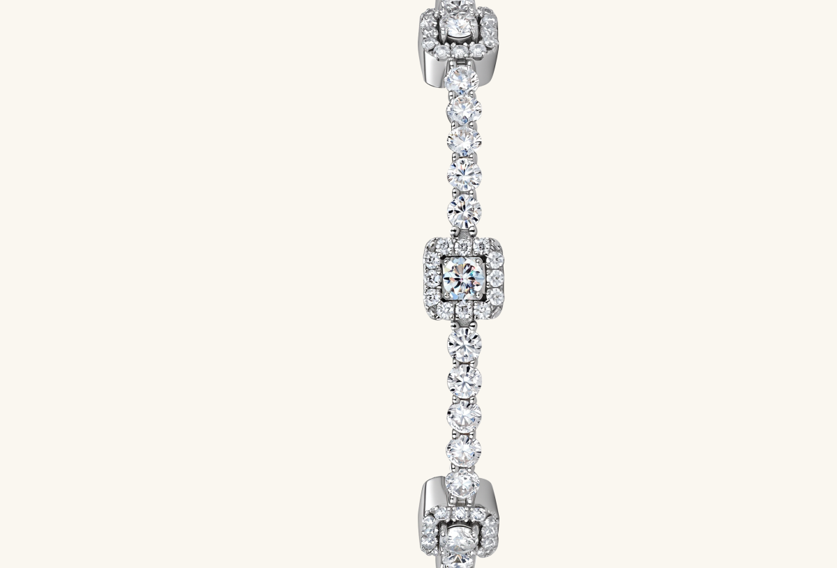 Zoomed view of BuzzBloom bracelet stones, sparkling round cut crystals in silver setting