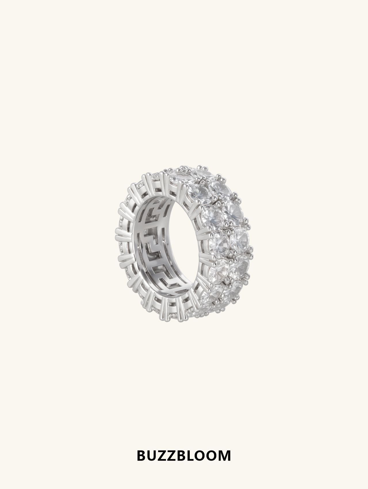 BuzzBloom double row round diamond eternity ring in 14K white gold, front view highlighting symmetrical double rows of round brilliant diamonds.